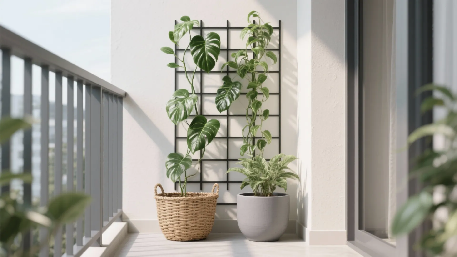 Minimal balcony with slim black trellis and layered matte planters in soft daylight.