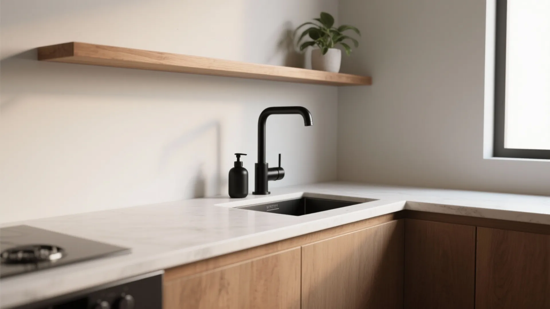 Minimalist kitchen with black faucet and soap dispenser on marble counter with wooden floating shelf