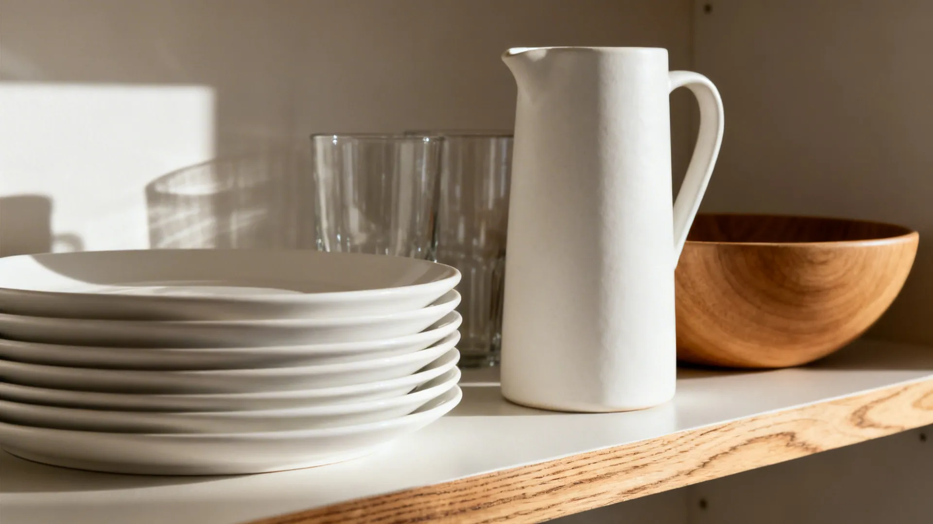 Close up of white ceramic plates and water pitcher on a wooden shelf with natural light