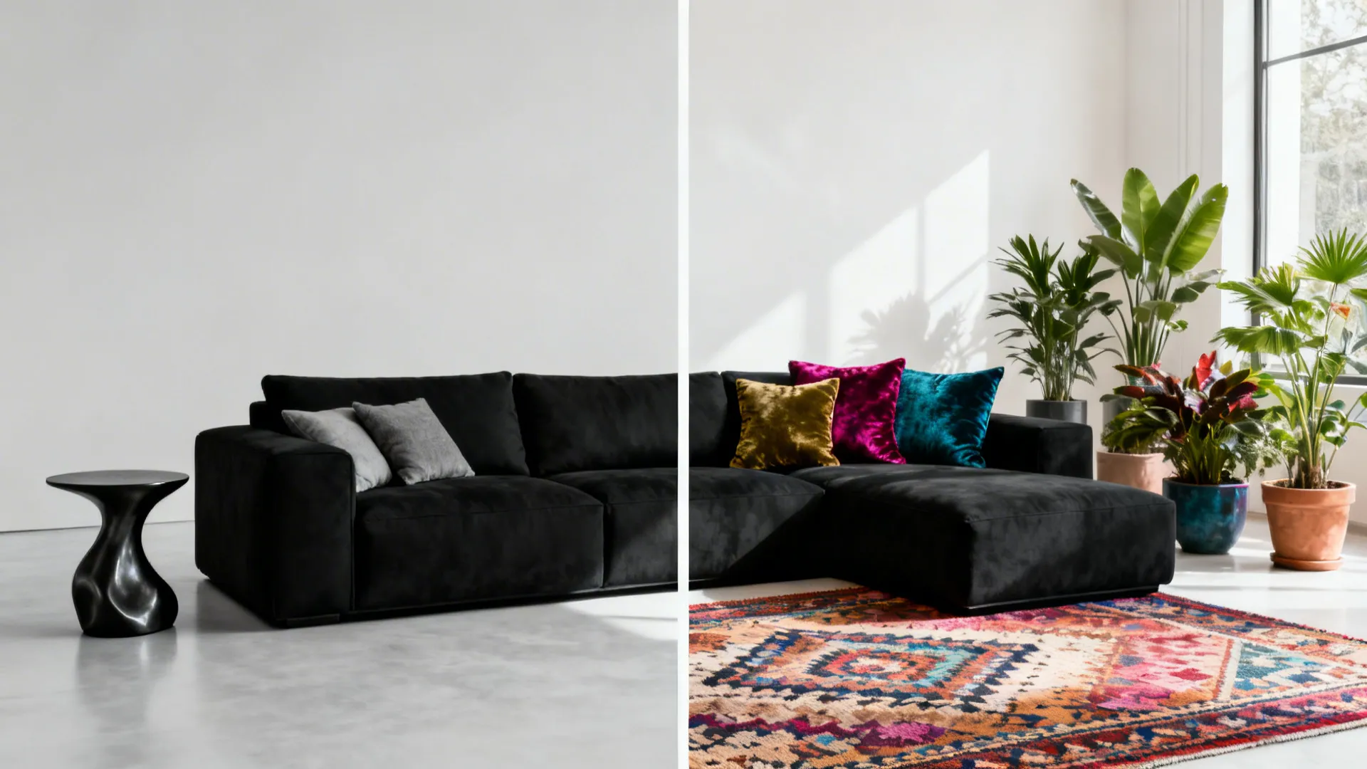 Before-and-after: minimal monochrome vs colorful eclectic styling around a black sectional.