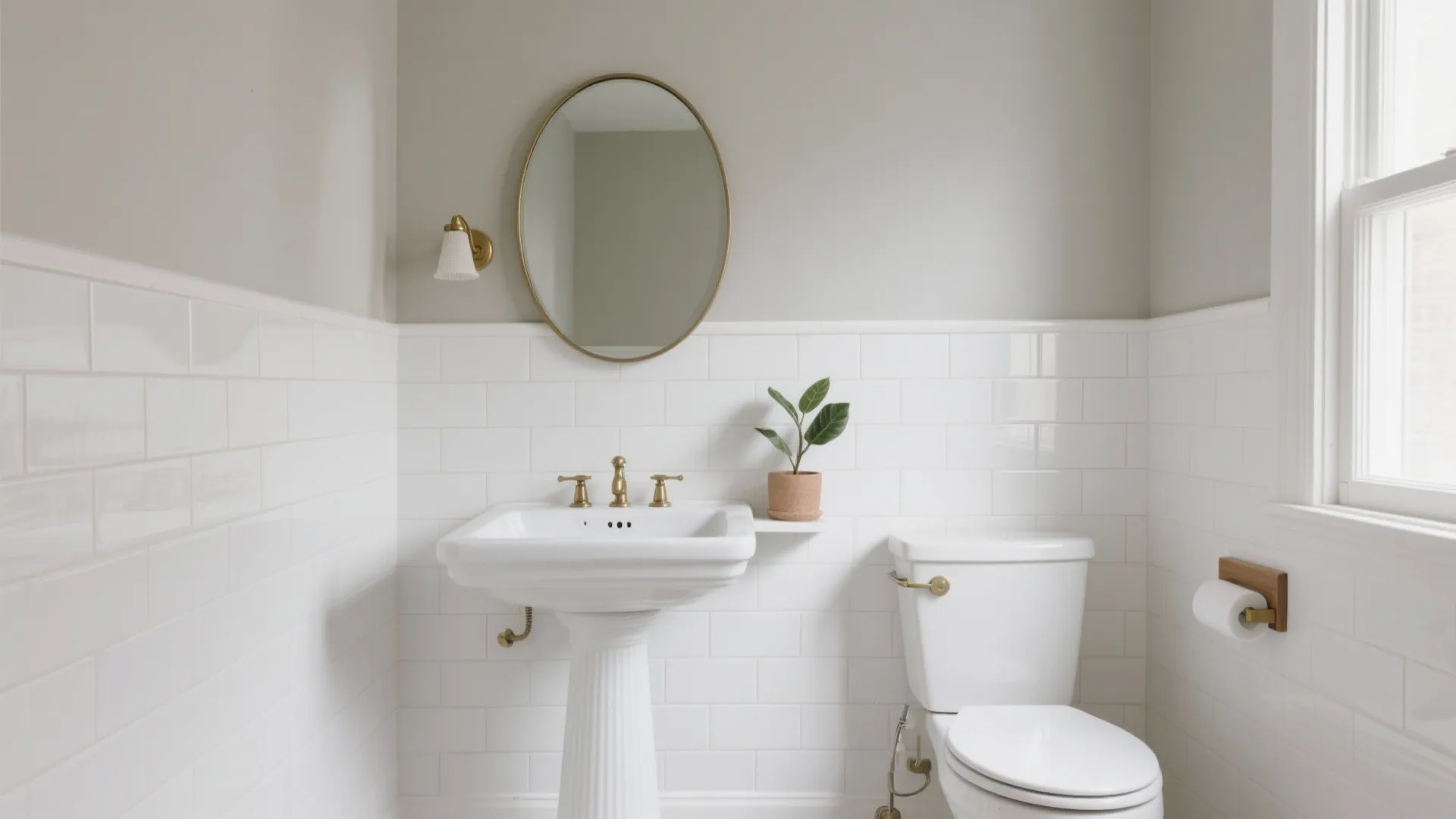 Minimalist bathroom with glossy subway tile wainscot capped by a slim liner and a satin painted upper wall.