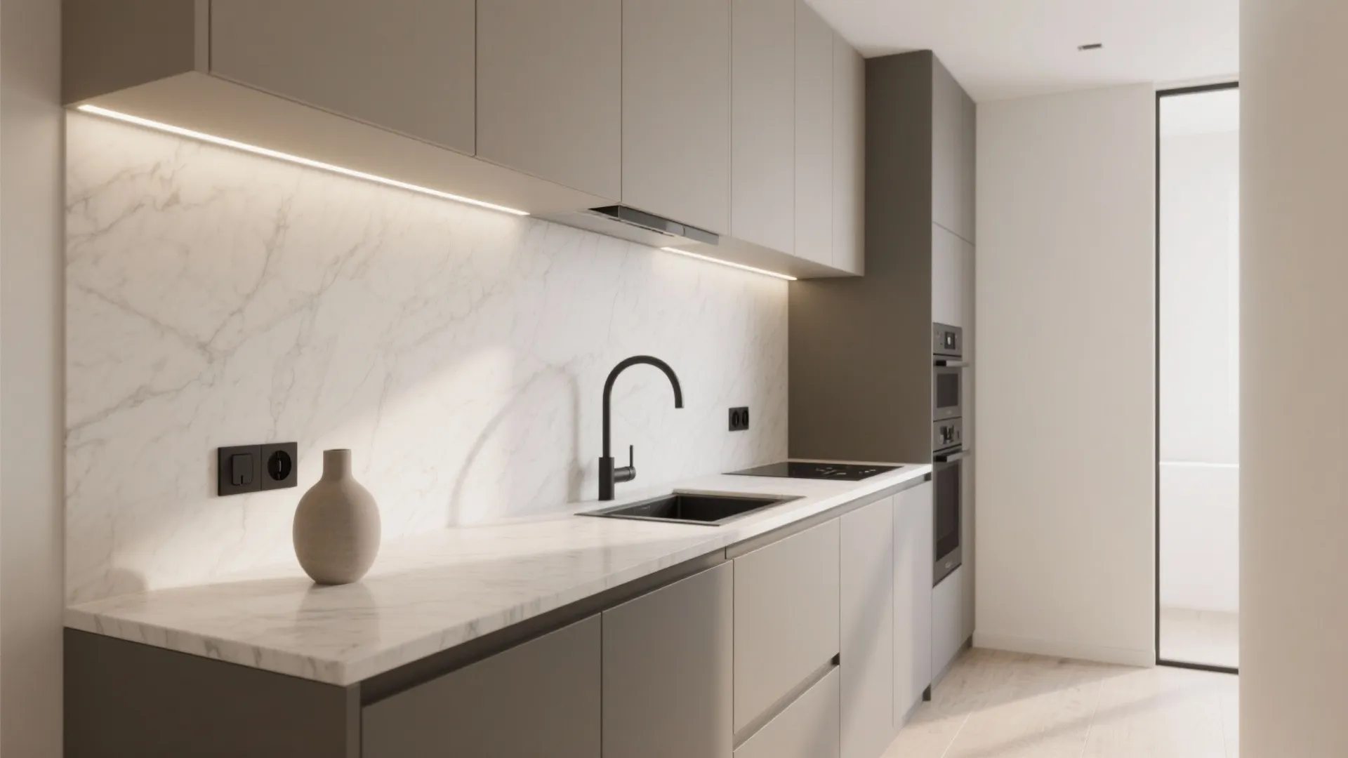 Modern grey kitchen cabinets with marble backsplash black faucet built in oven and under cabinet lighting