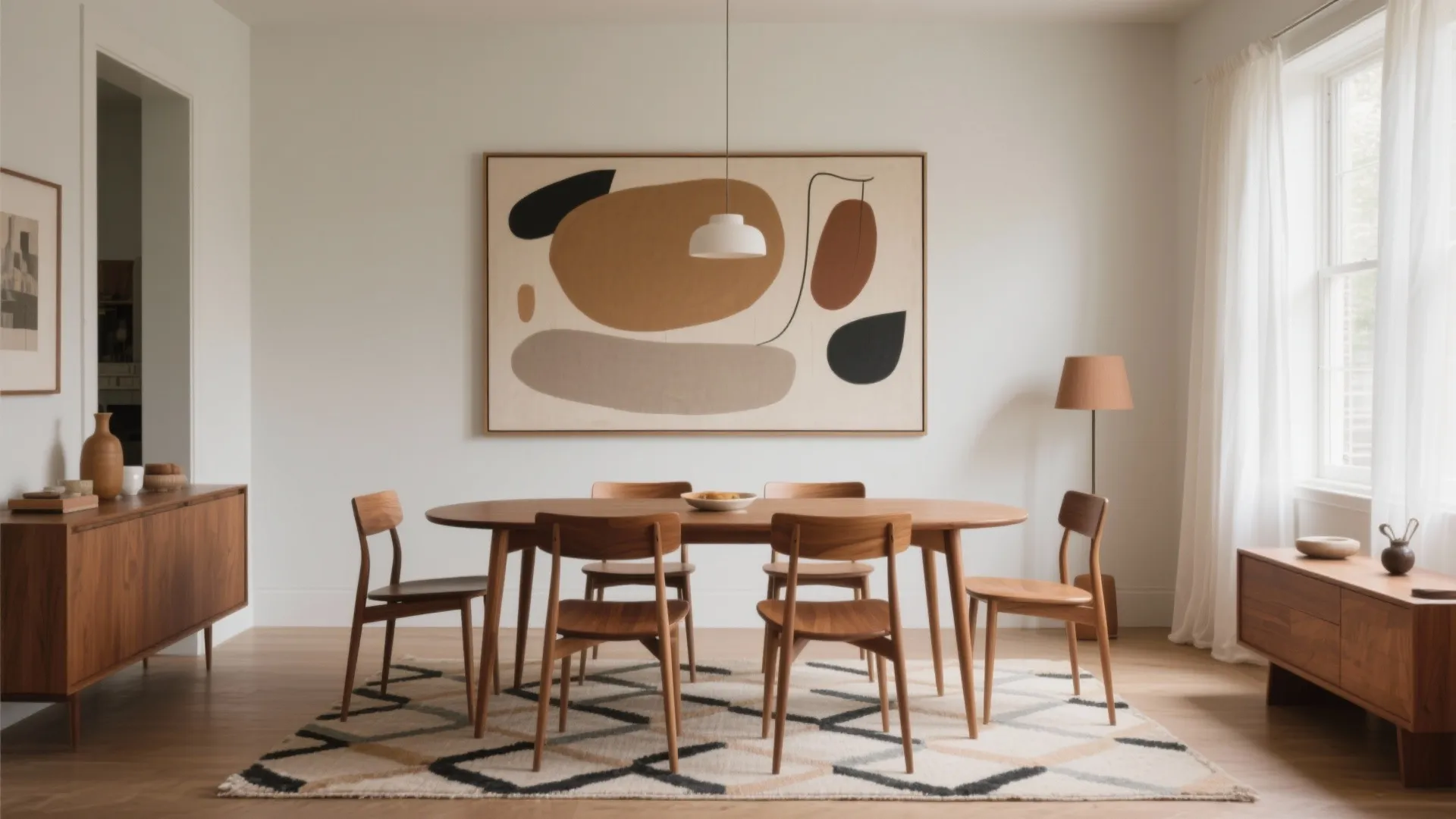 Modern dining room with wooden table chairs abstract wall art patterned rug and large bright windows