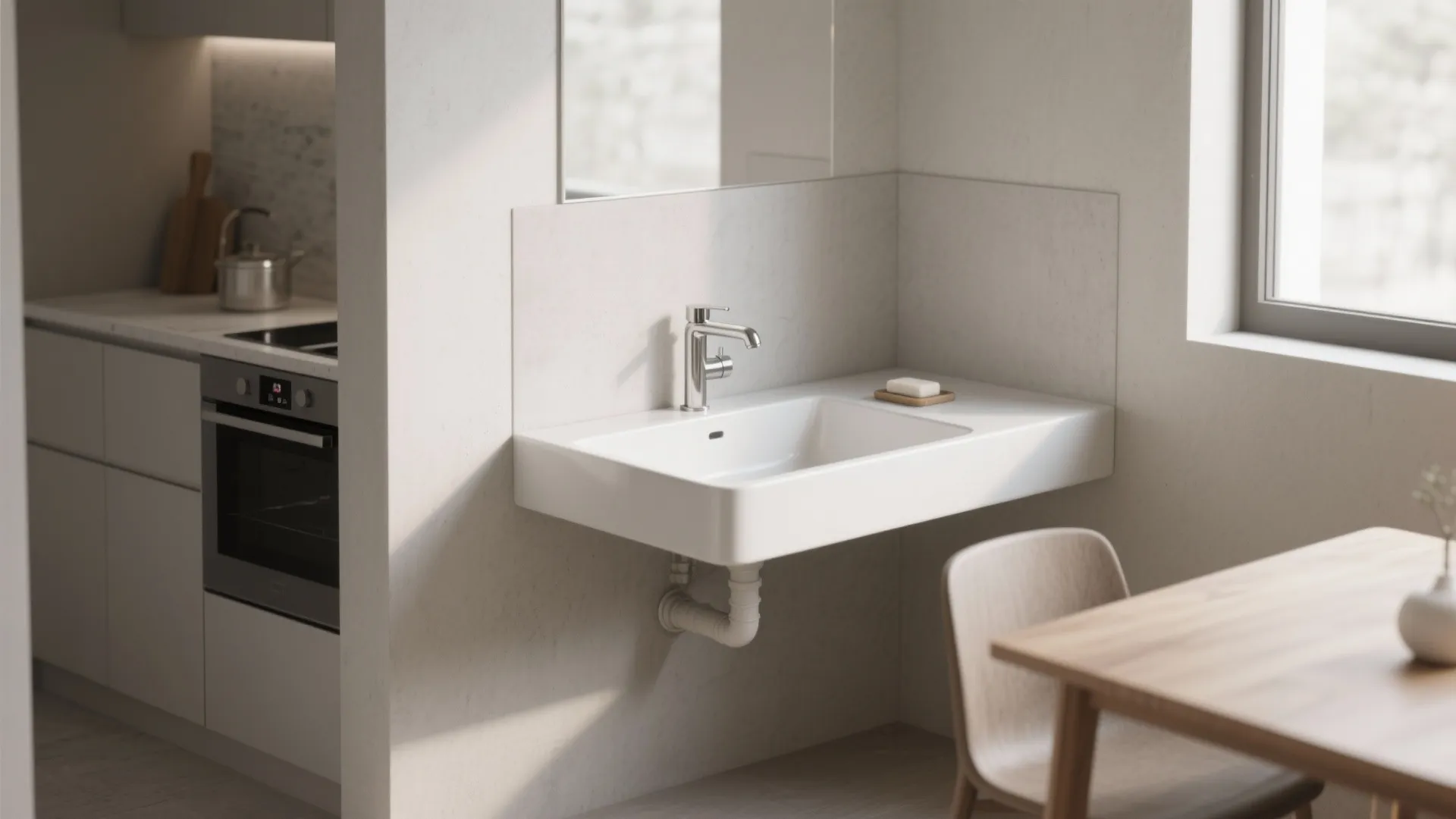 Minimalist white wall wash basin next to a kitchen area with oven and dining table