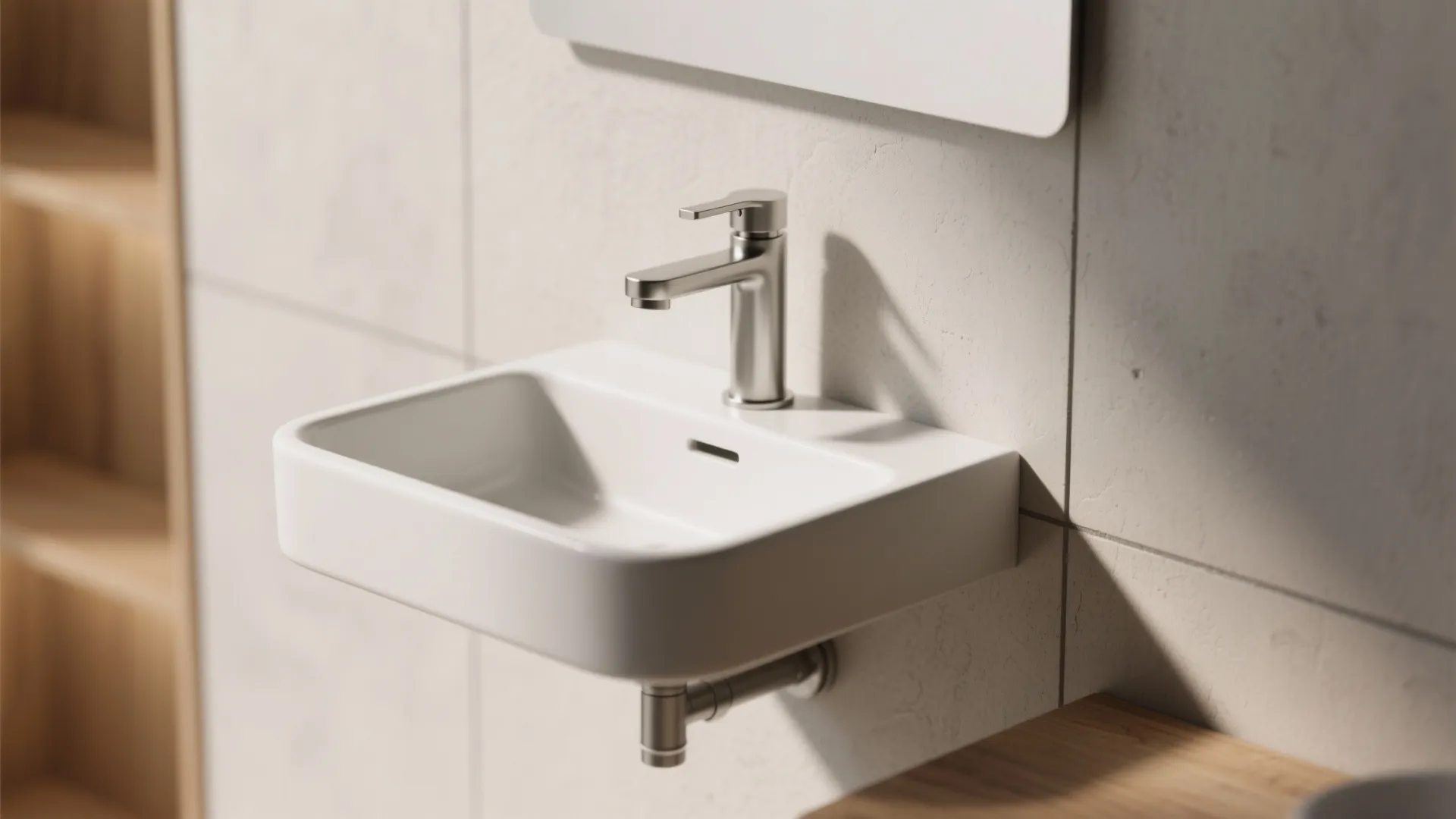 Small white wall sink with a silver tap on a light grey tiled bathroom wall