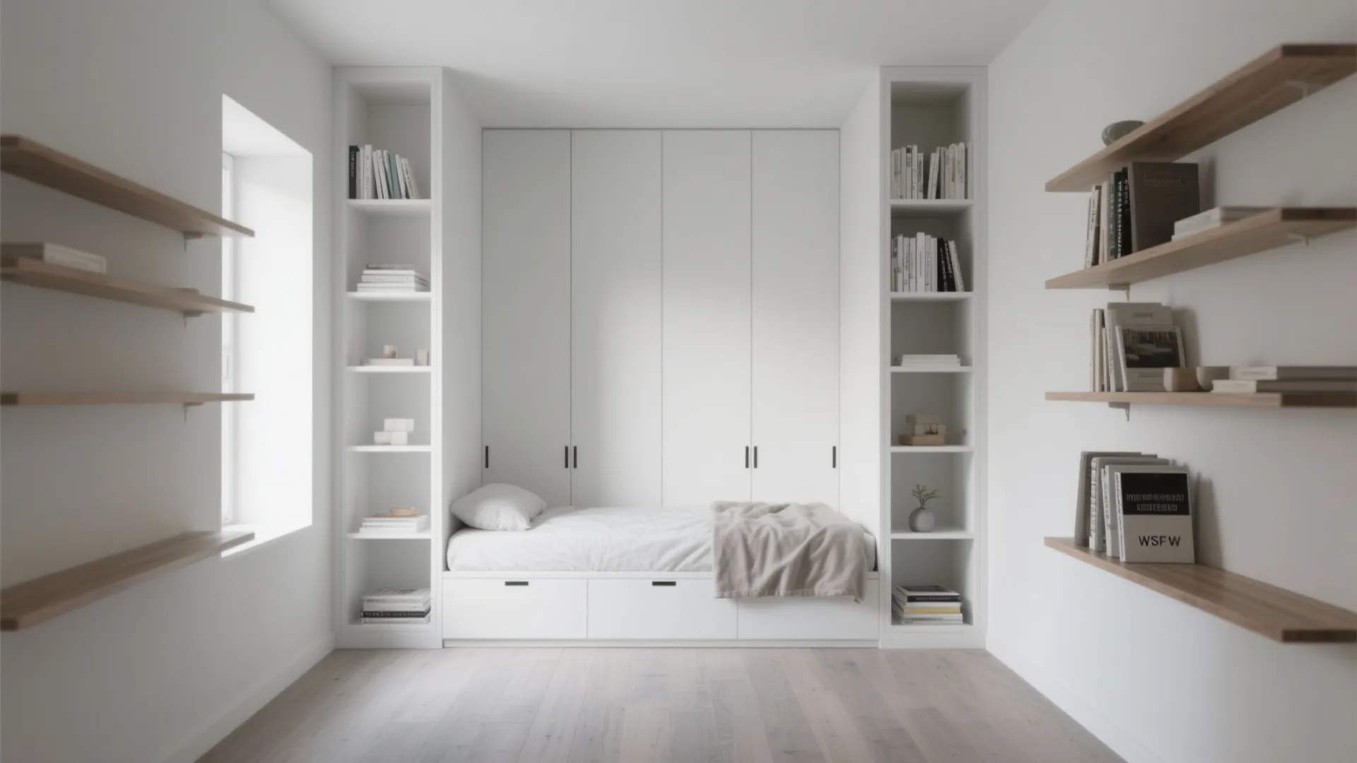 Minimalist Wall Bed with Integrated Shelving