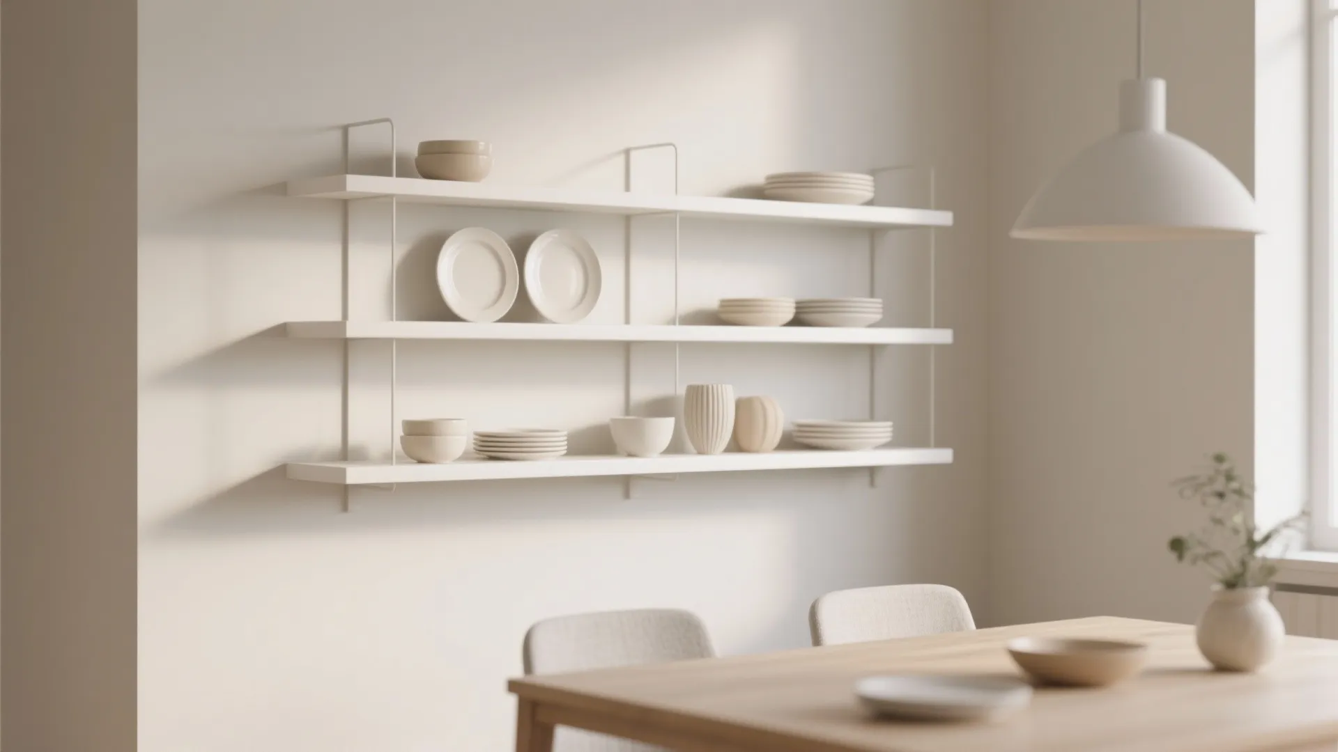 Minimalist white wall shelves holding beige bowls and plates above a wooden dining room table