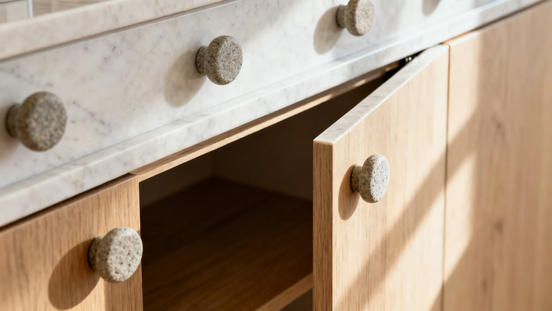 Close-up of trapdoor shelving, quartz backsplash, and barrel front with button hooks.