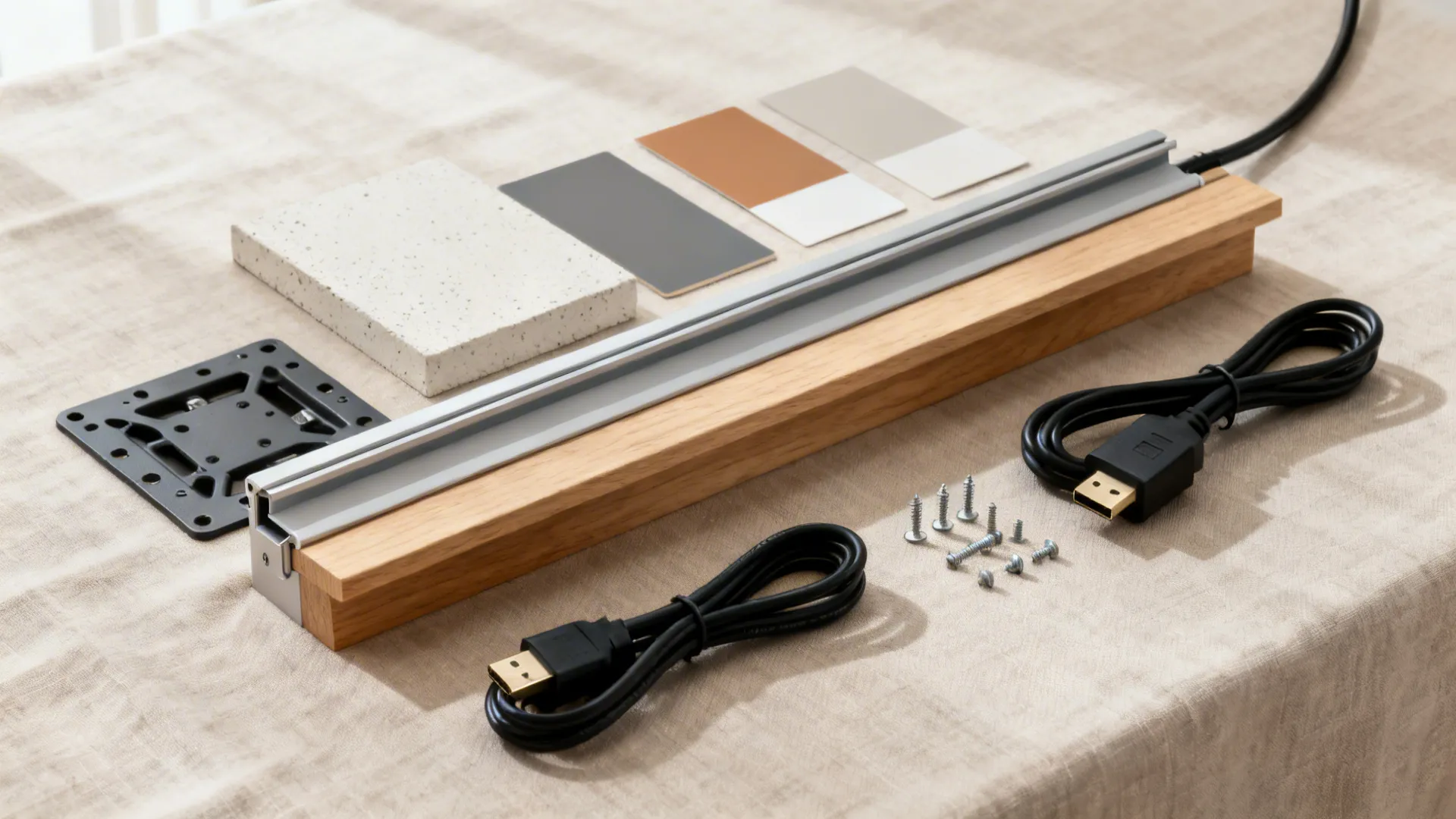 Flat lay of gypsum panel, greige paint swatches, slim mount, and cable raceway for a minimalist TV wall.