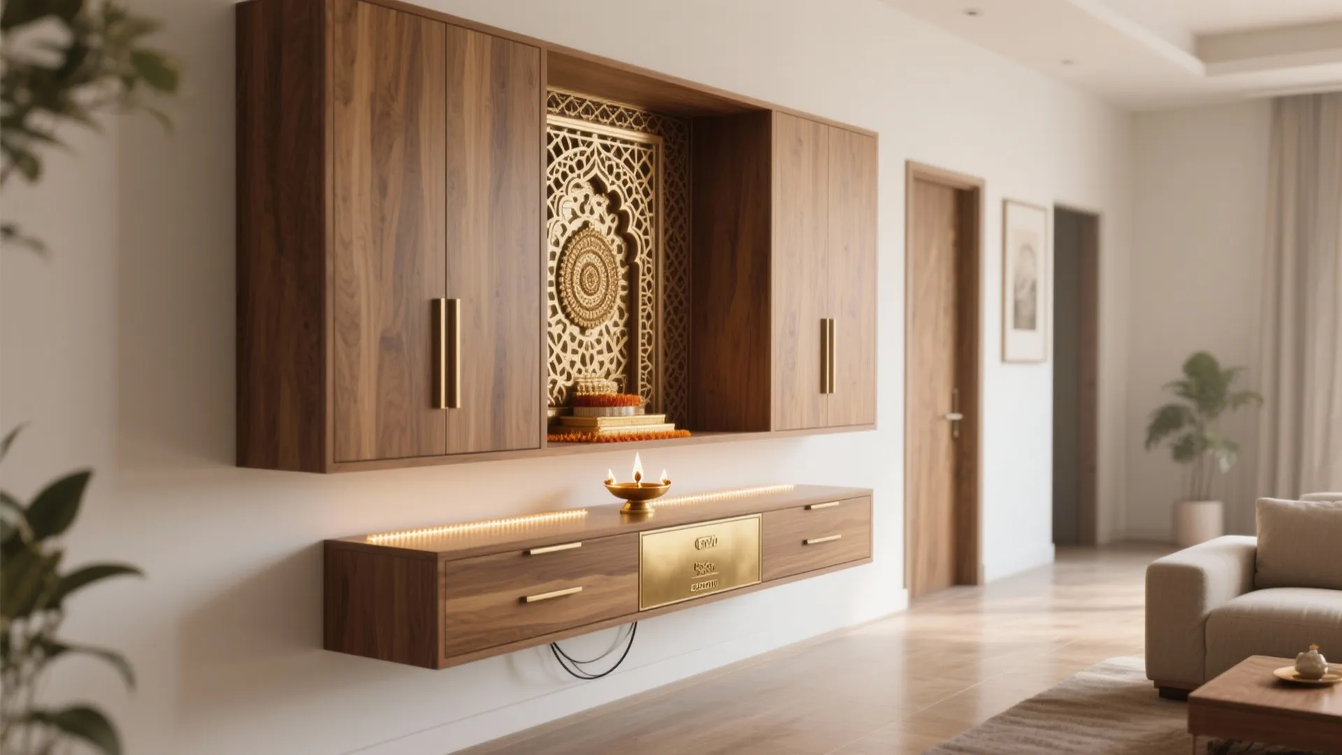 Minimal carved wall mandir with concealed storage