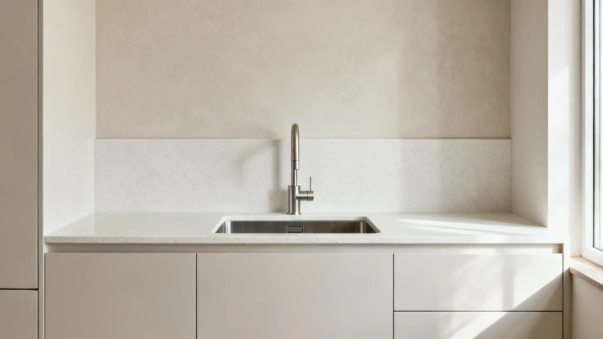 1) Minimalist wall-mounted mixer over a single-bowl sink