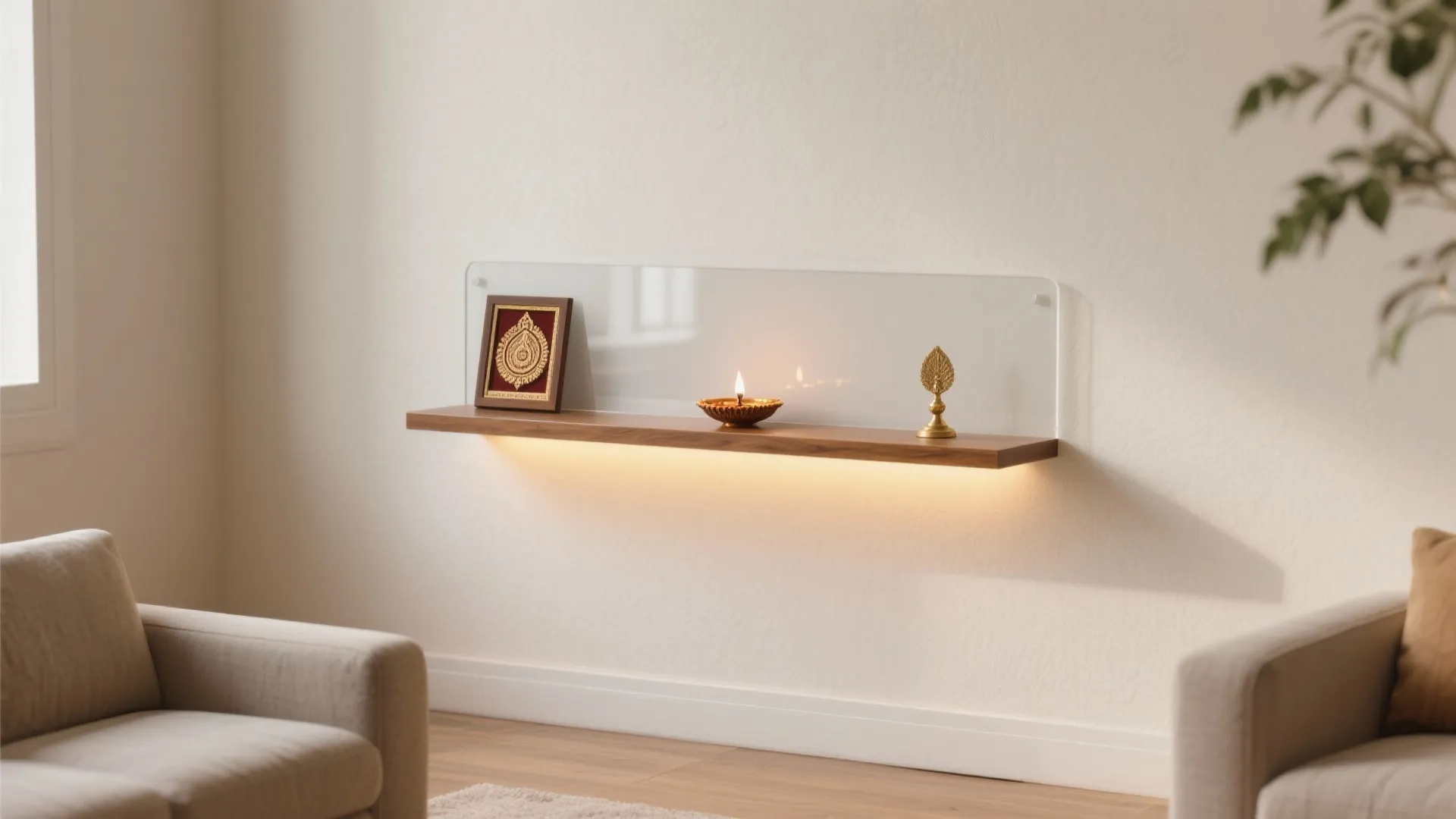 Modern wooden wall shelf with lighting holding small religious items and clear glass back panel