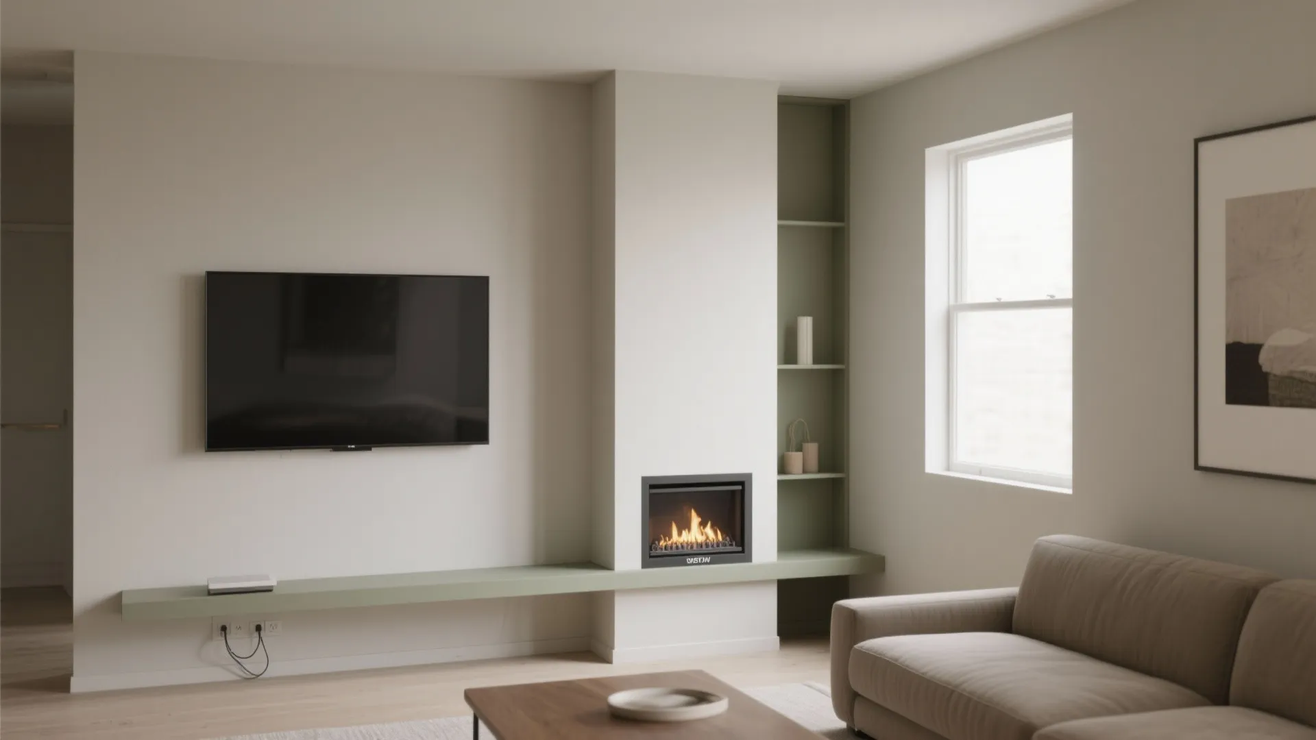 Idea 1: Minimal wall stack — TV above, slim electric fireplace below
