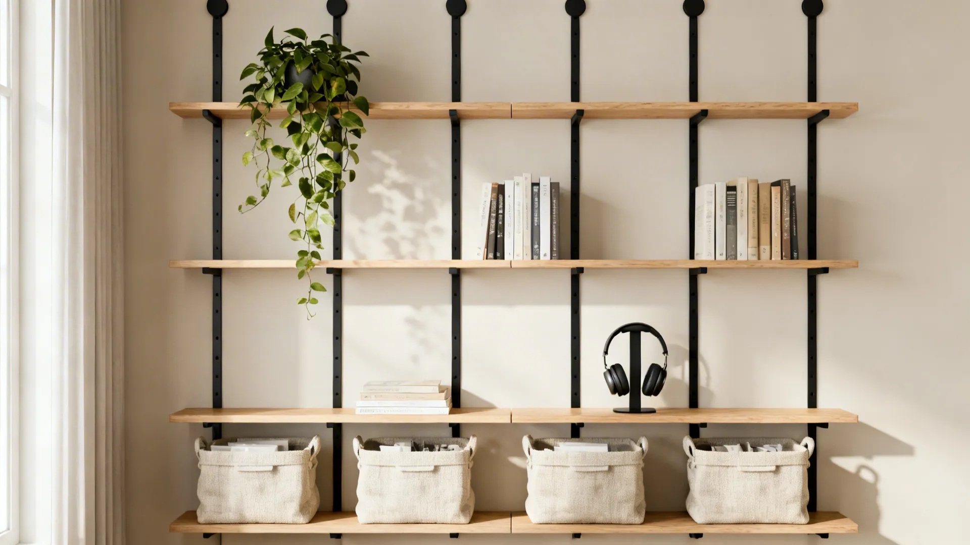 Minimalist wall with slim oak shelves and black peg rails displaying plants, books, and bins in a small room.
