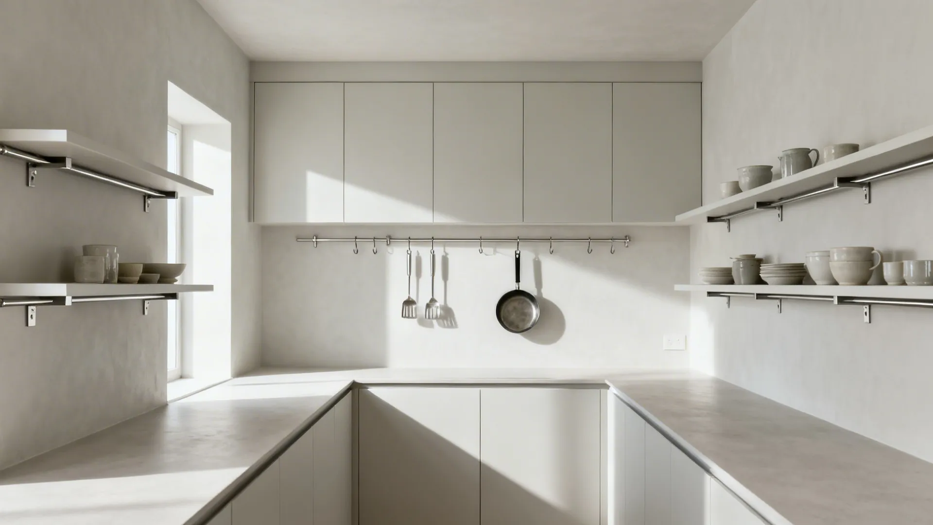Slim wall rails and color-matched floating shelves create a calm, uncluttered small kitchen wall.