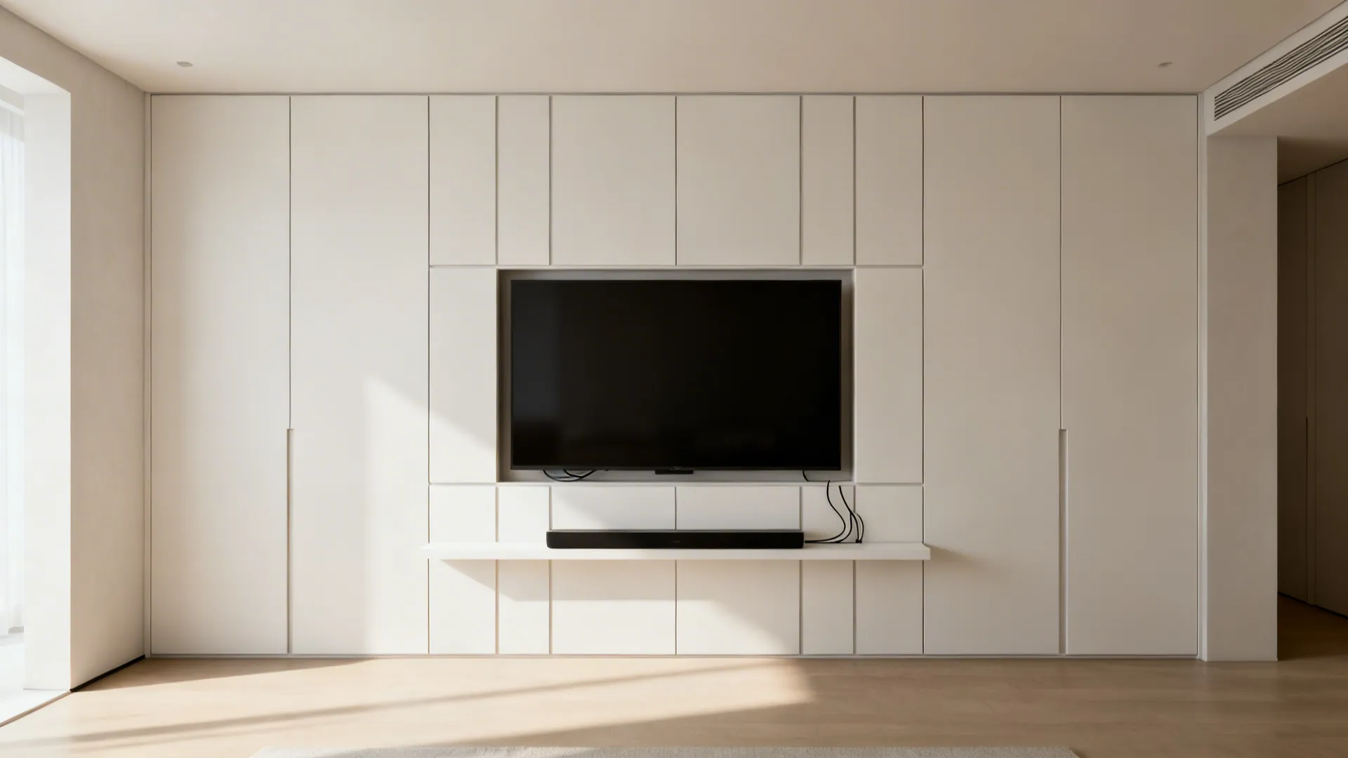 Minimalist TV wall with flush matte panels and concealed storage in a small living room.
