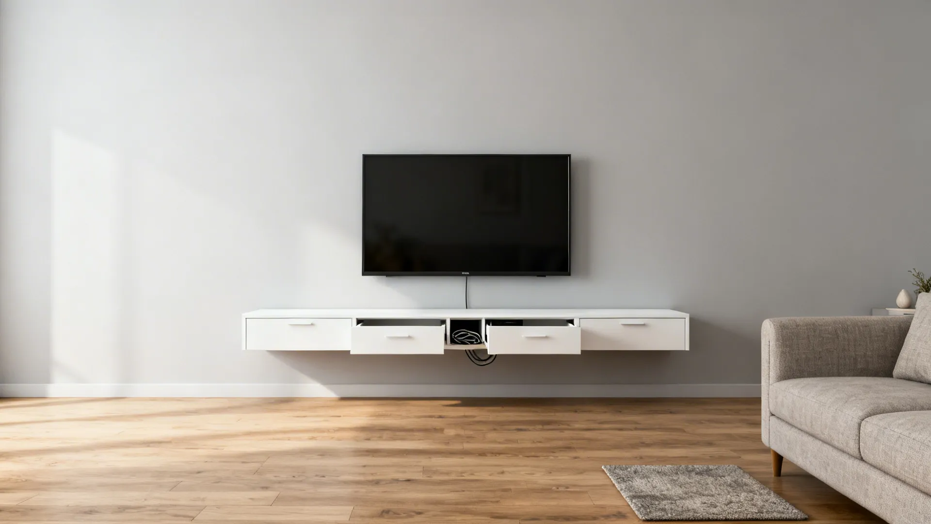 Modern white wall mounted TV cabinet with open drawers on wooden floor in living room