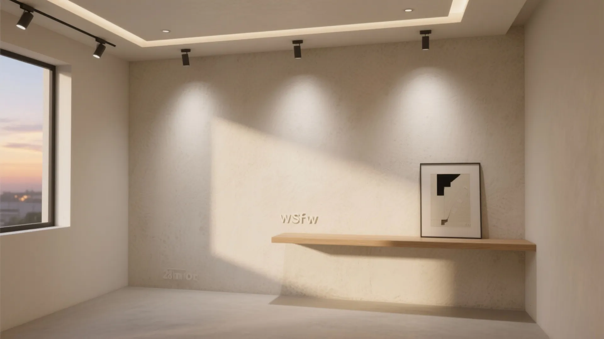 Minimal trimless wall washers create an even glow across a textured limewash wall.