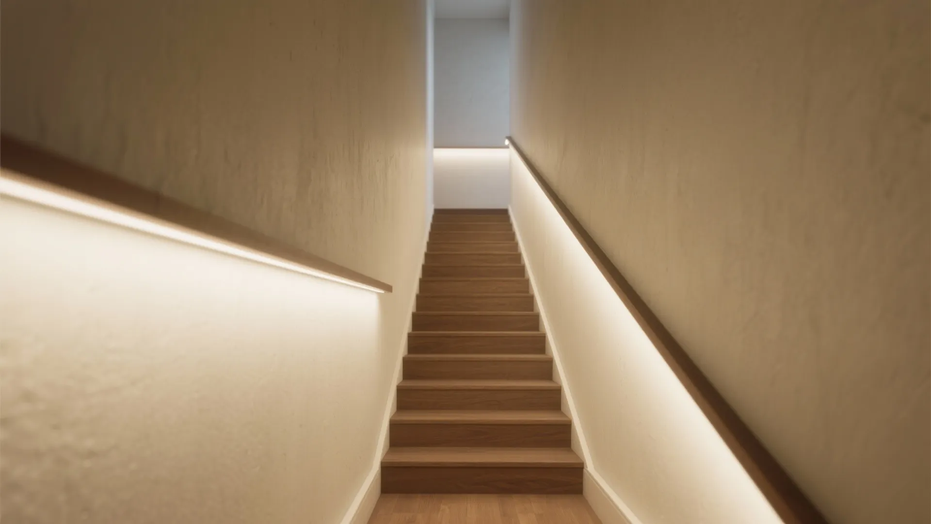 Trimless wall washers create a uniform vertical glow in a narrow staircase with warm tones.