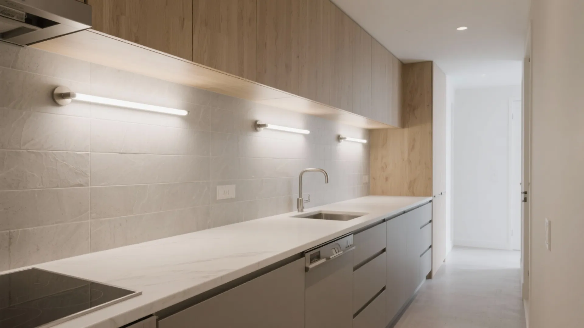 Slim tube wall sconces evenly wash a stone backsplash in a narrow galley kitchen.