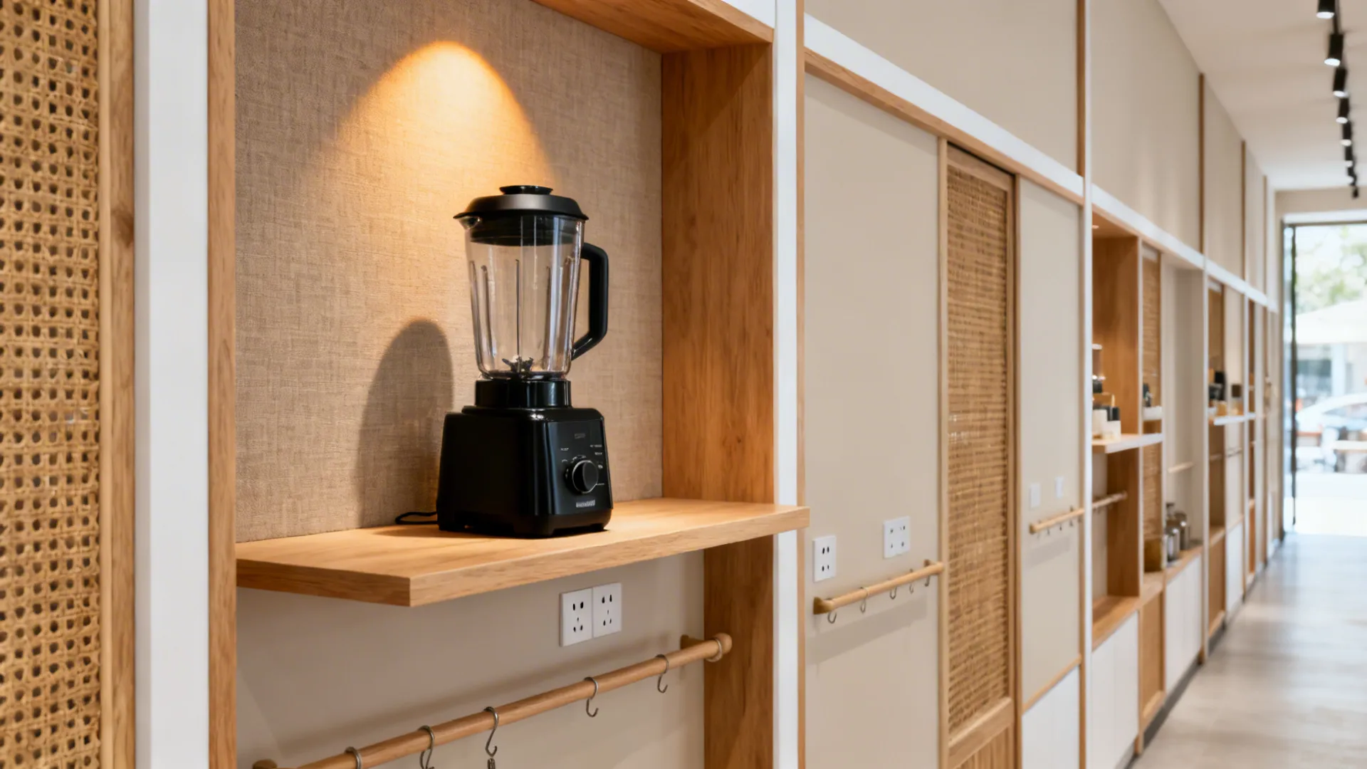 Minimal retail bay with a single matte-black blender on oak shelving and linen backer.