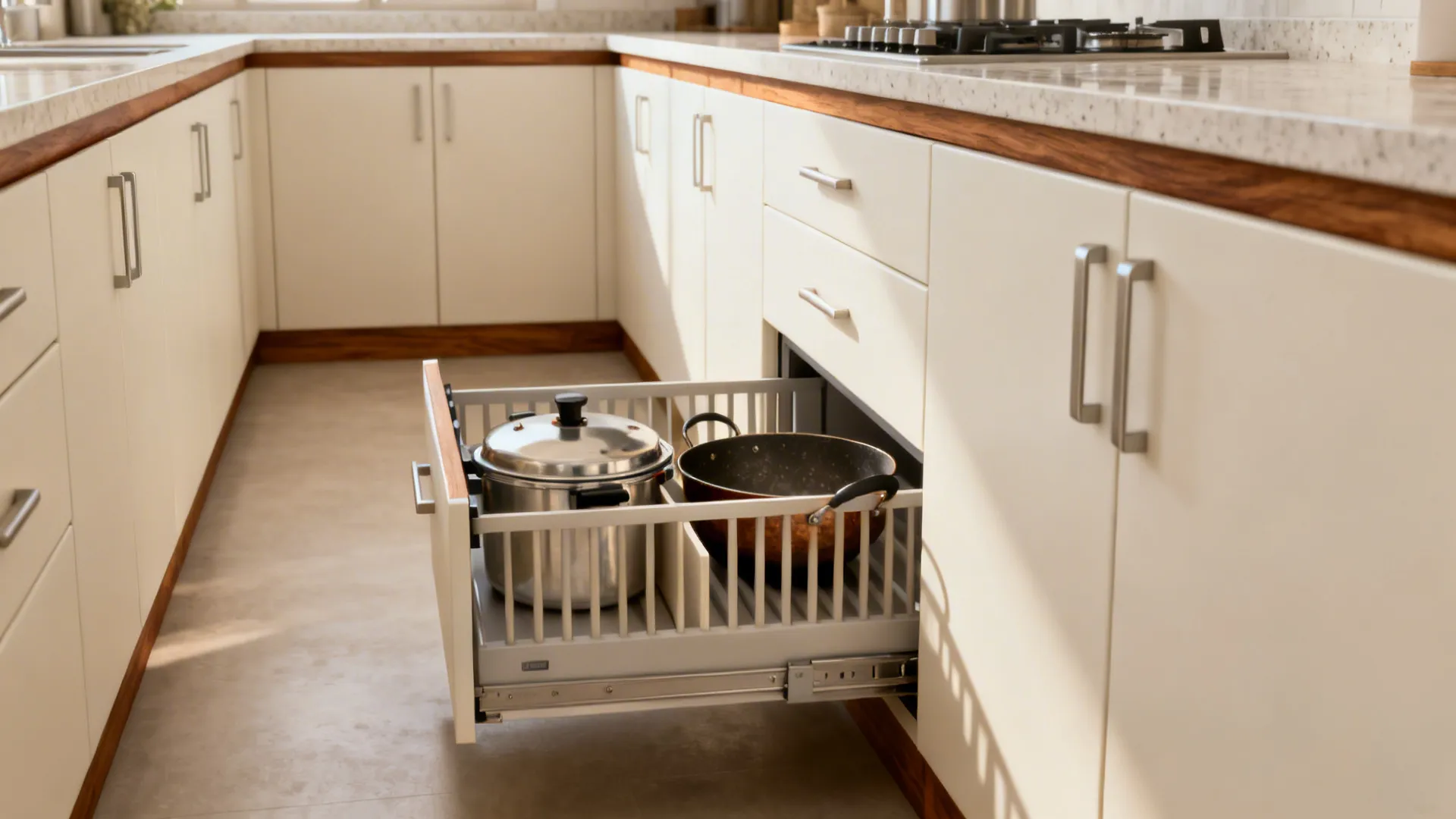 Minimalist off-white cabinets with teak edging and organized pull-outs in a compact Pune kitchen.