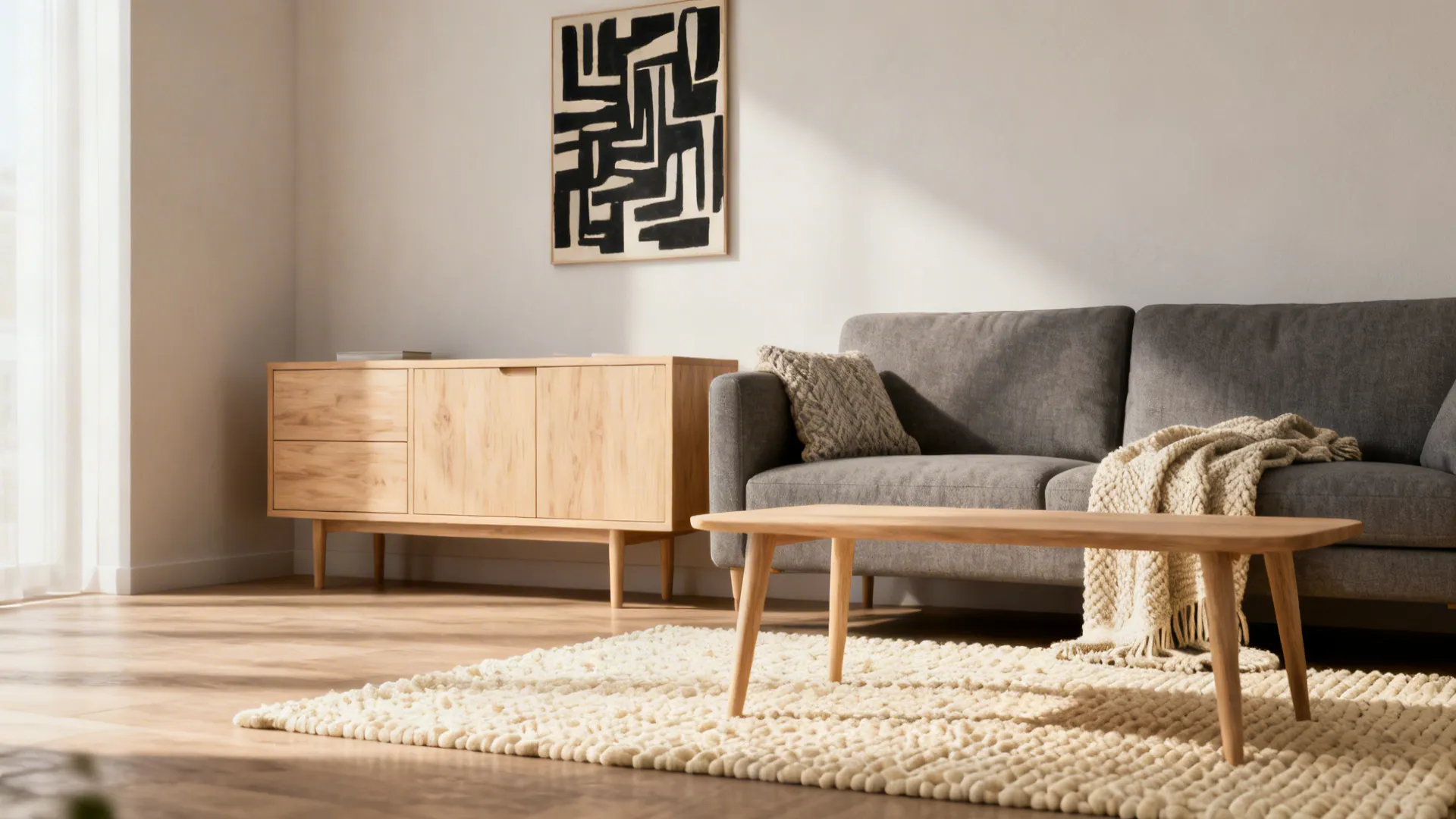 1. Monochrome Minimalism with Warm Wood