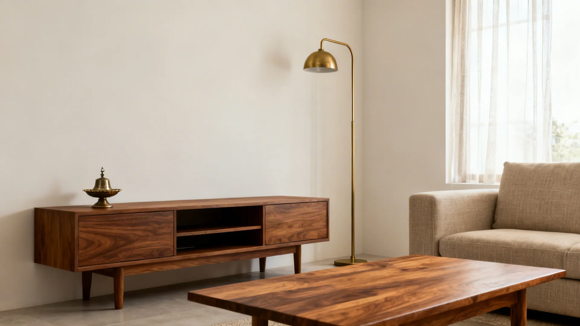 Minimalist Indian living room with off-white walls, walnut console, and a brass lamp