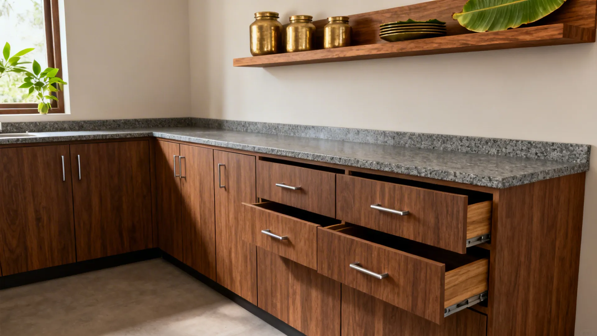 Minimalist Kerala kitchen with matte walnut laminate and teak ledges for brass jars.