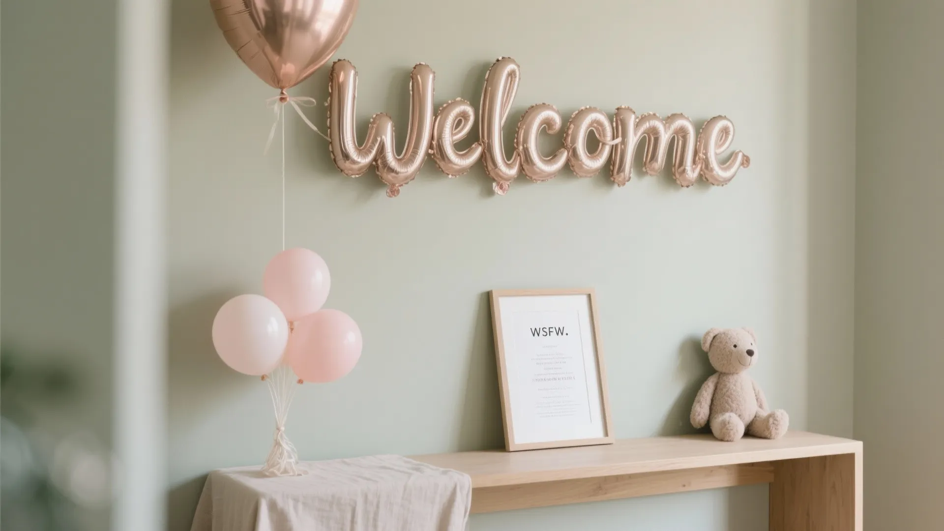 Rose gold welcome balloon sign on green wall with small teddy bear and wooden table