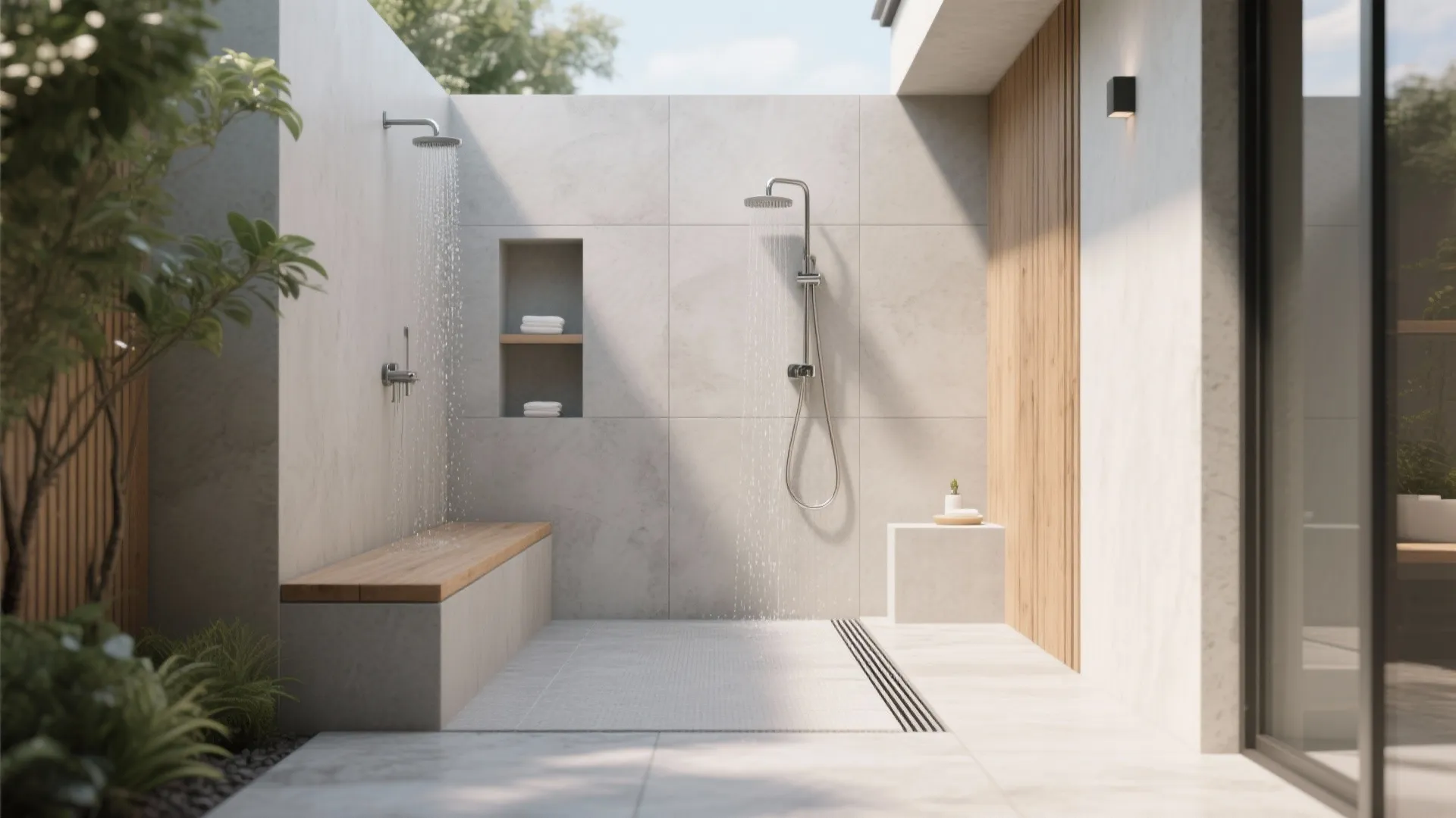 Modern outdoor shower area with two shower heads wooden bench white tile walls and green plants