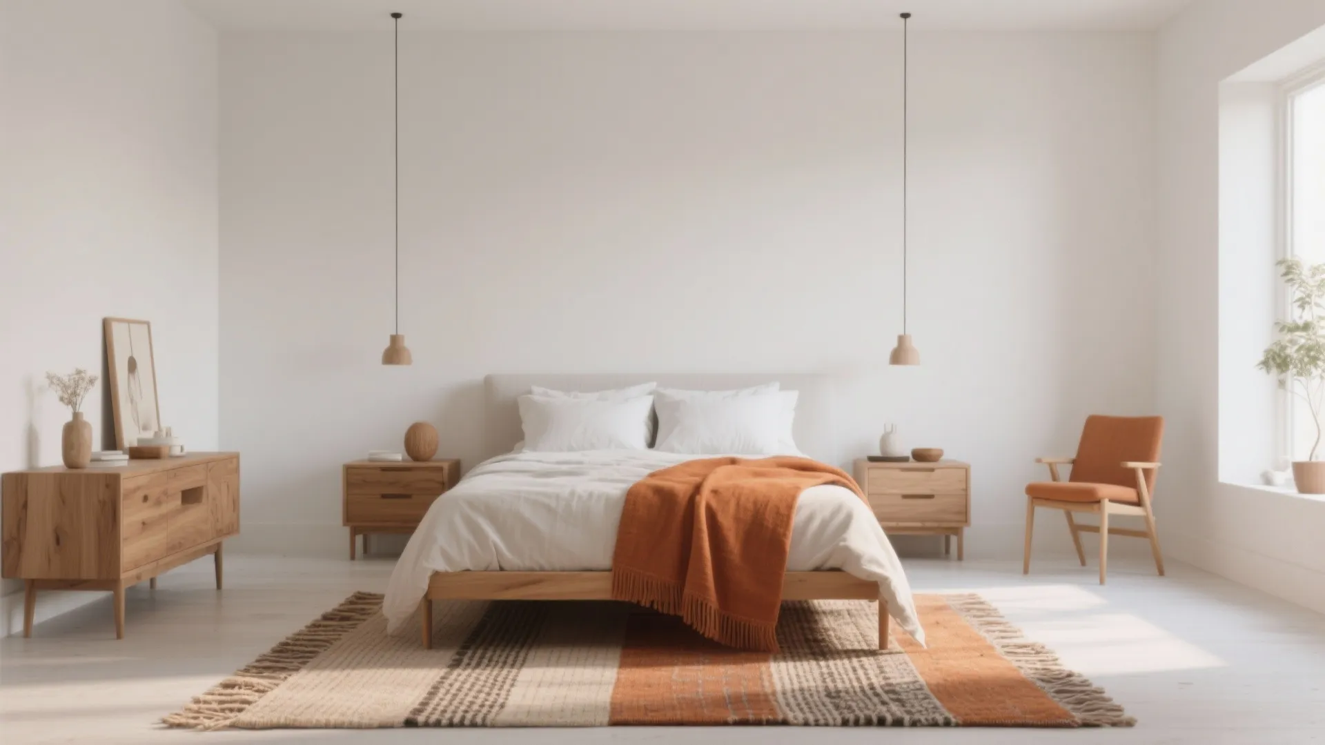 Bright minimalist bedroom with orange accent chair wooden cabinet and patterned rug in natural light