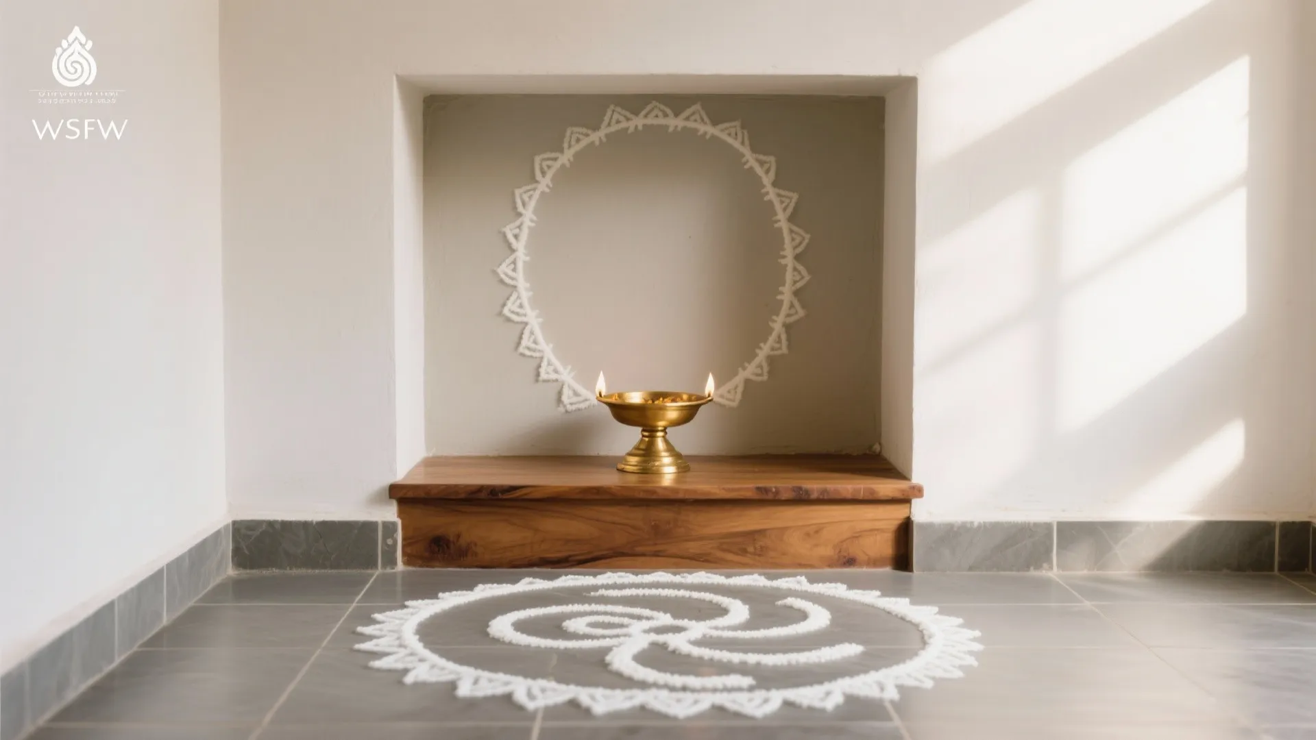 Minimalist White Kolam for Compact Pooja Corners