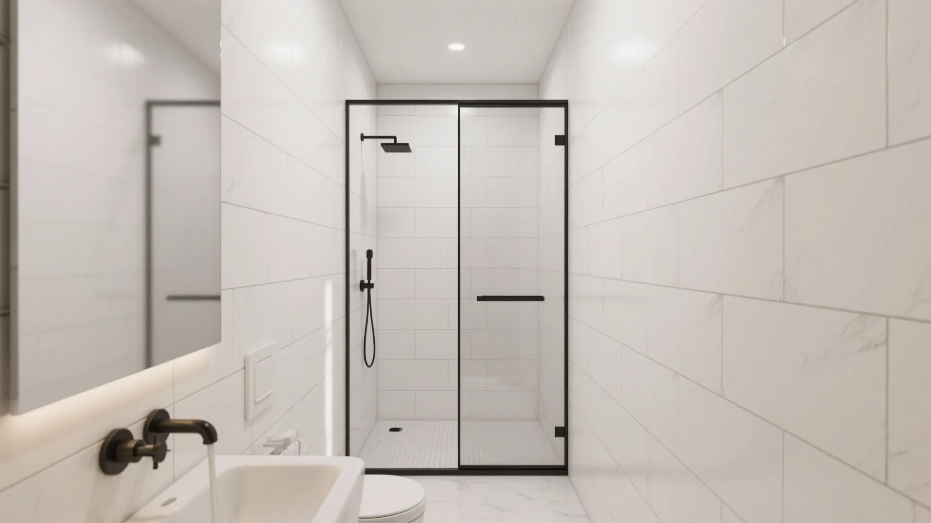 Modern white bathroom with black shower head glass door sink mirror and white wall tiles