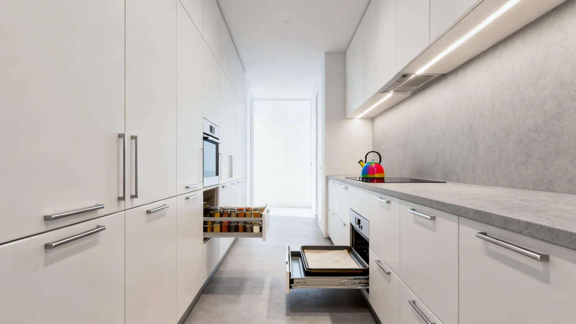 Minimalist matte-white galley kitchen with hidden spice pull-out and toe-kick drawer.