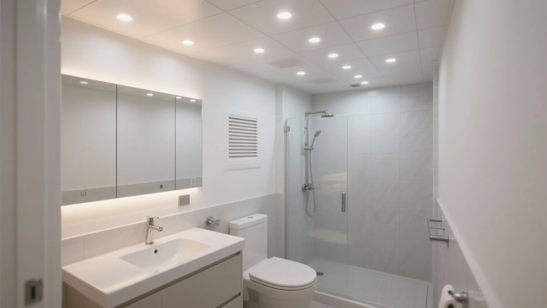 Minimal matte white PVC bathroom ceiling with recessed lights in a compact space.