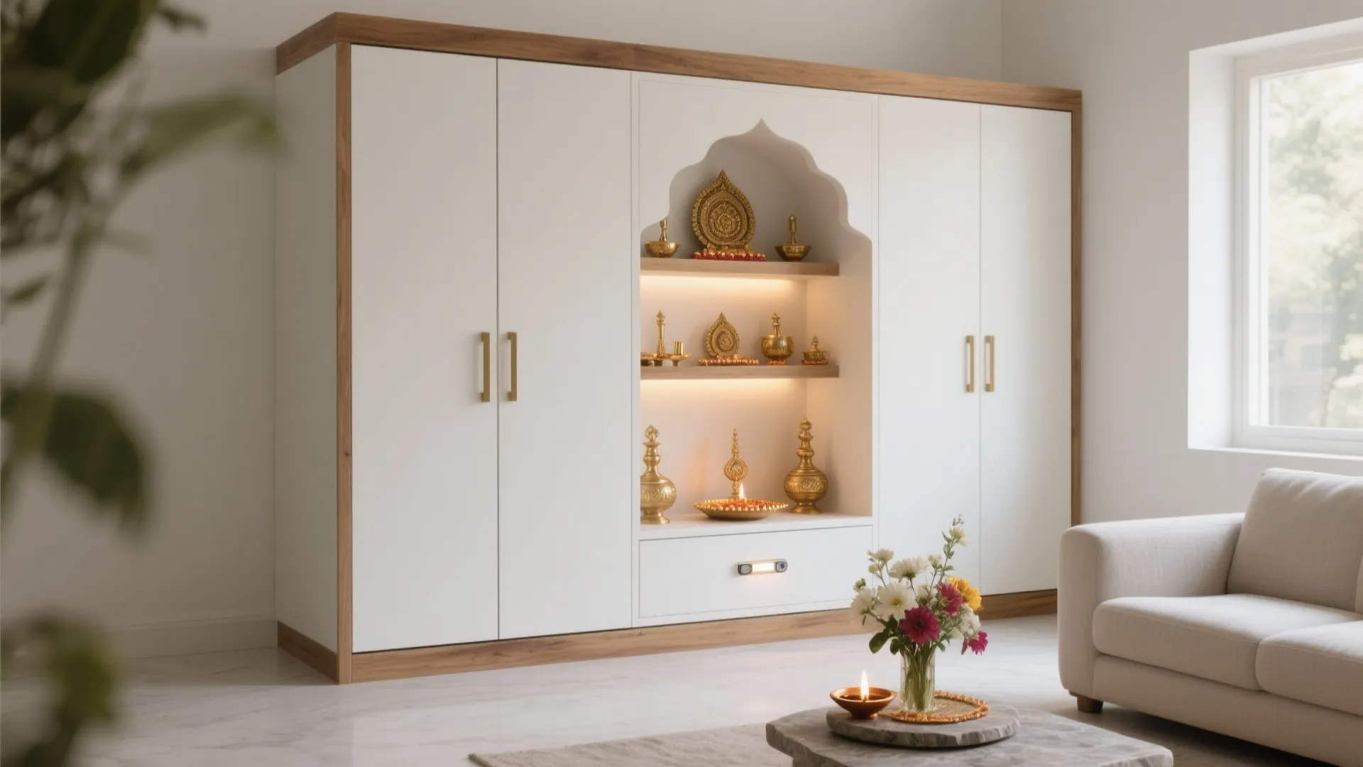 Minimalist White Mandir with Natural Wood Accents