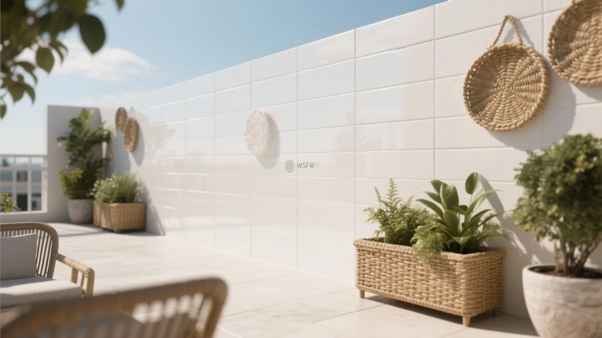 Modern patio with white tiled wall, woven wall decor, green plants, and comfortable outdoor furniture
