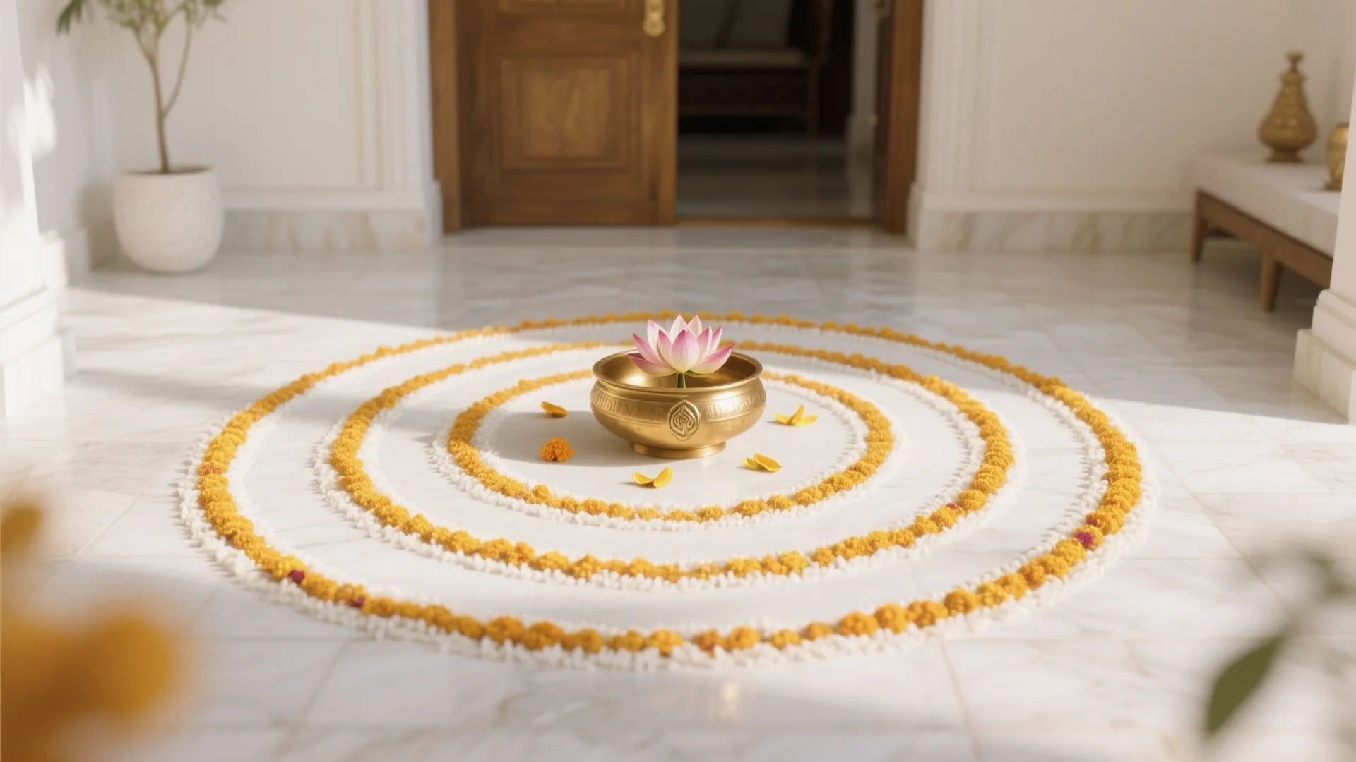 Minimal Gold-and-White Apartment Rangoli