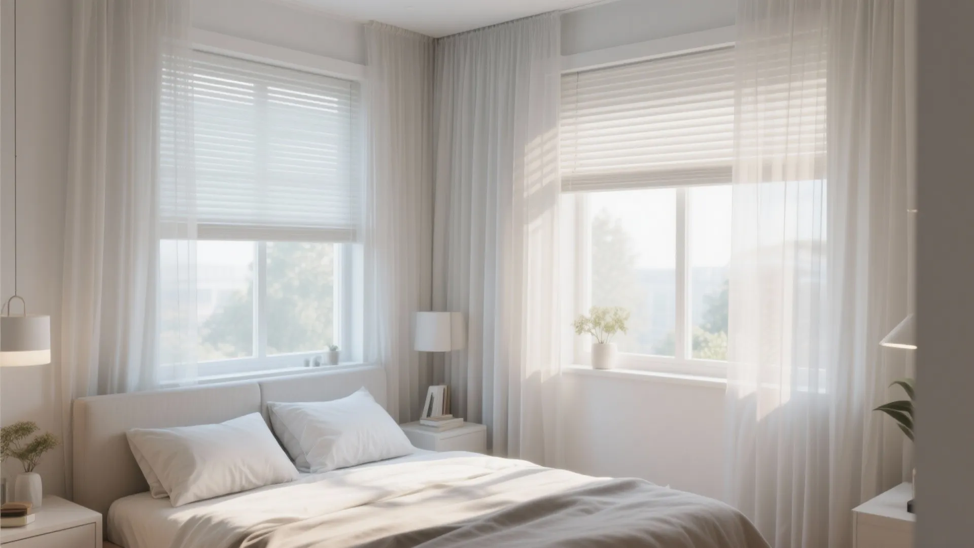 Small bedroom with sheer curtains and roller blinds letting in daylight