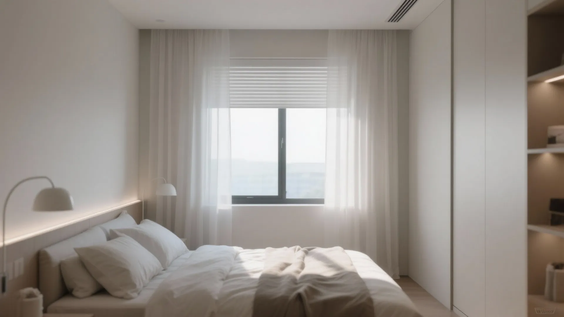 Bright minimalist bedroom with white bedding large window with white curtains and two wall lights