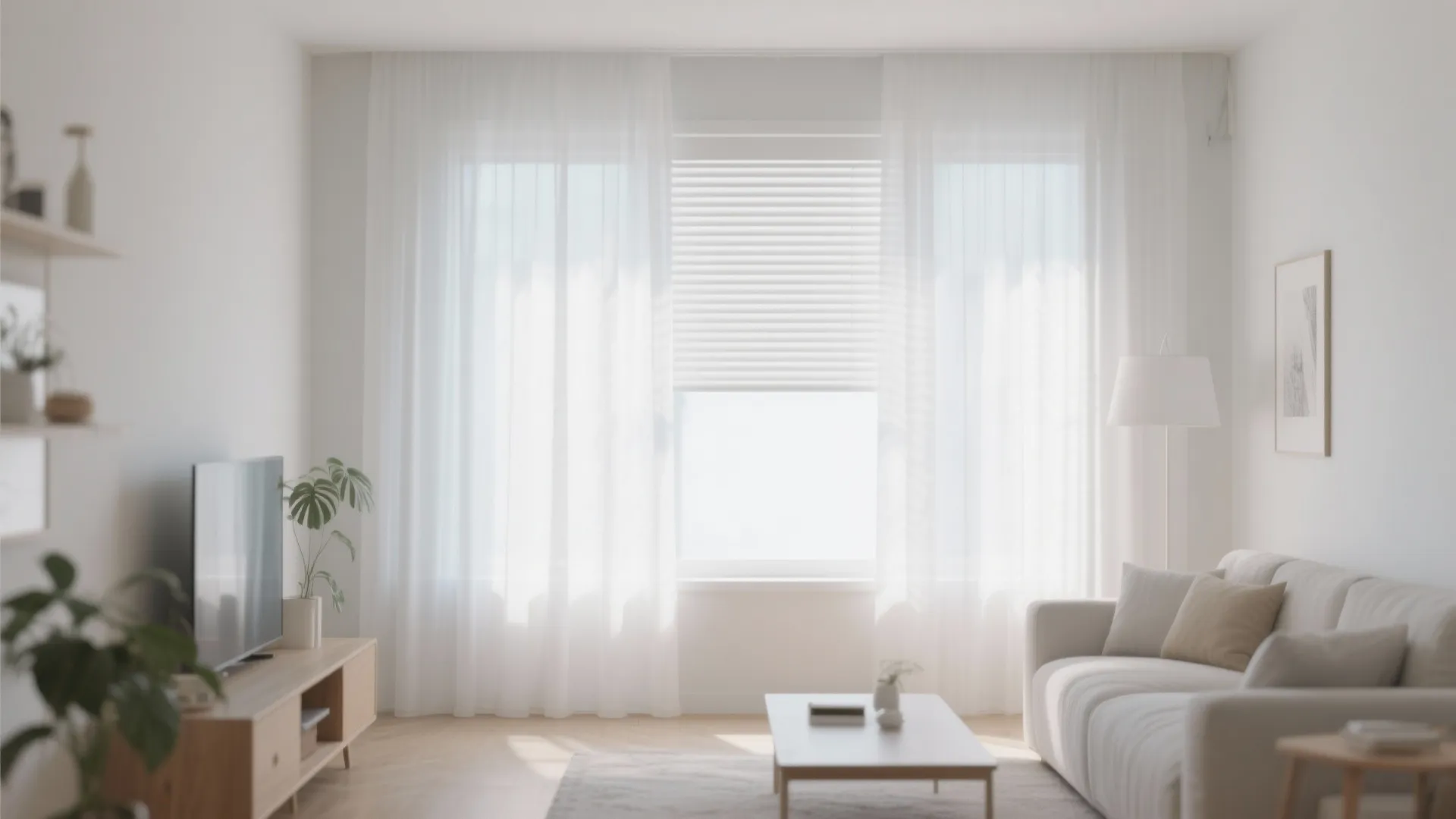 Bright living room with white curtain and window blinds behind a sofa and coffee table