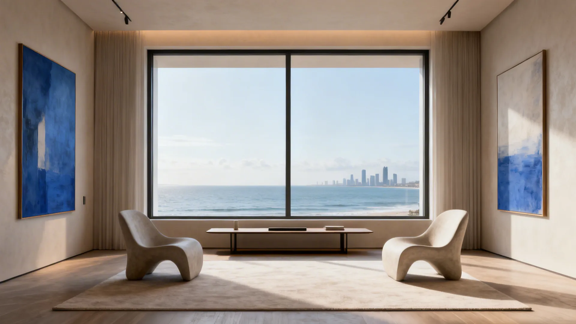 Minimal living room with sculptural chairs and a large window showing a skyline