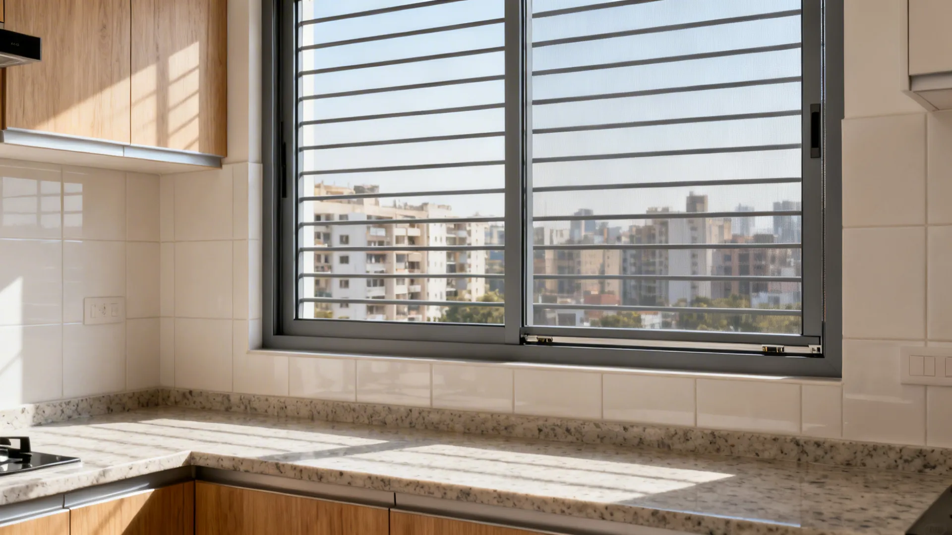 Minimal matte anodized aluminium window grill with slim profiles in a bright compact kitchen.