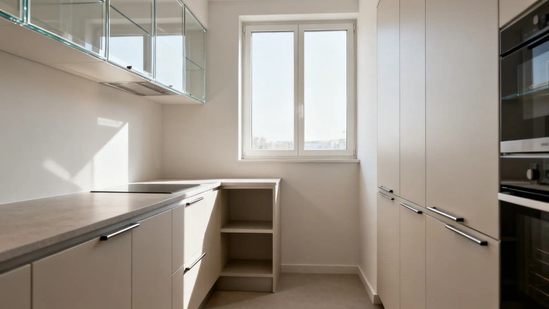 Minimalist L-shaped kitchen with clear window wall and slim corner shelves.