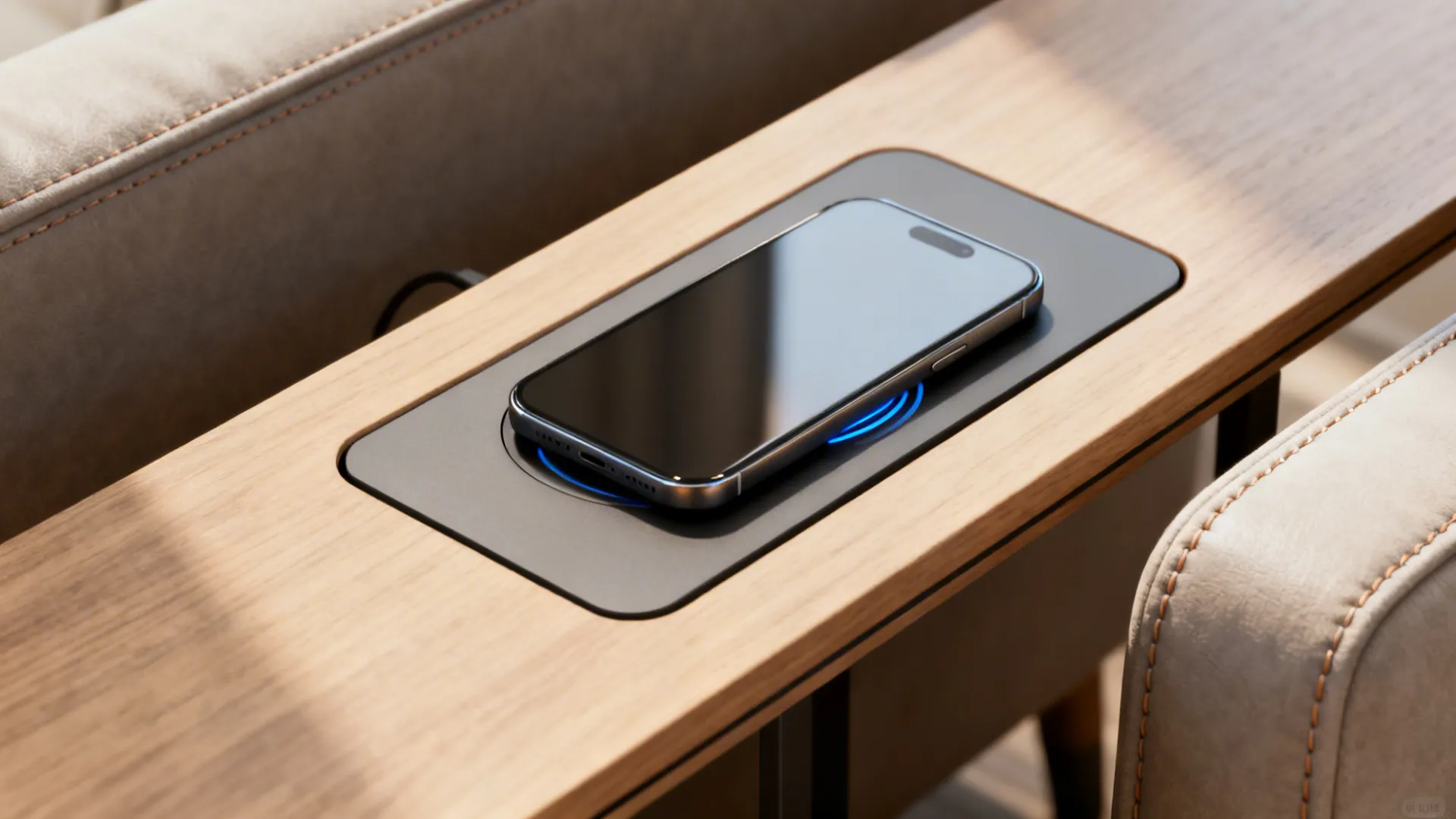 Minimalist end table close-up showing a built-in wireless charging pad with a phone on it