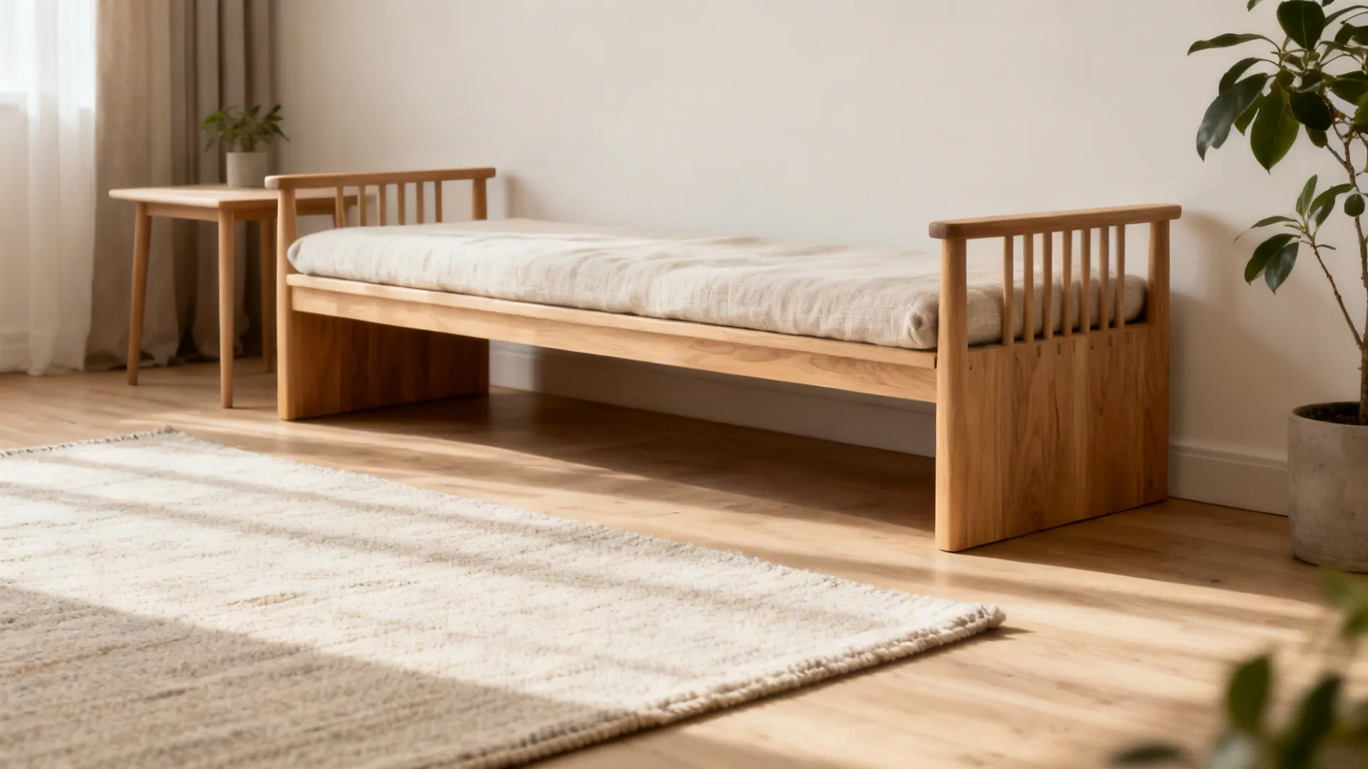 Minimalist wooden sofa with a single bench cushion in a compact Scandinavian living room.