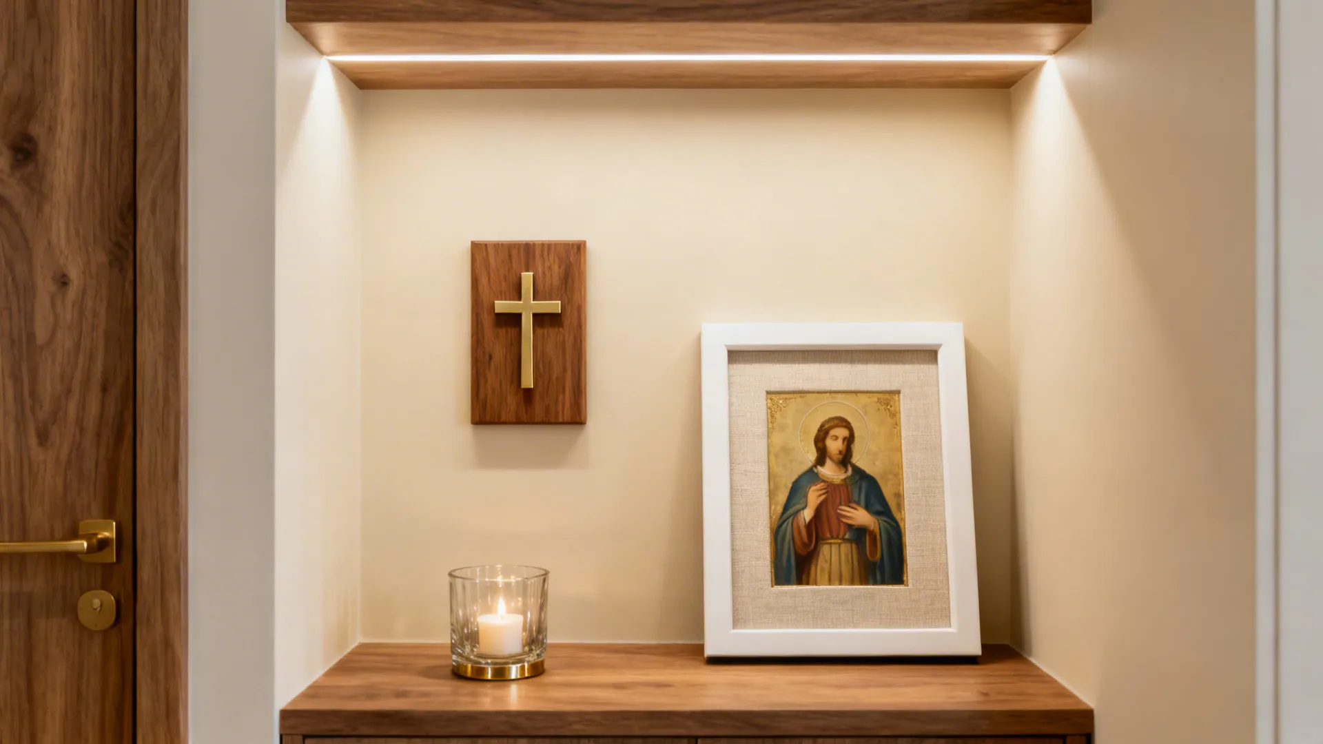Minimal oak plaque with brass crucifix and single icon in a small living room.