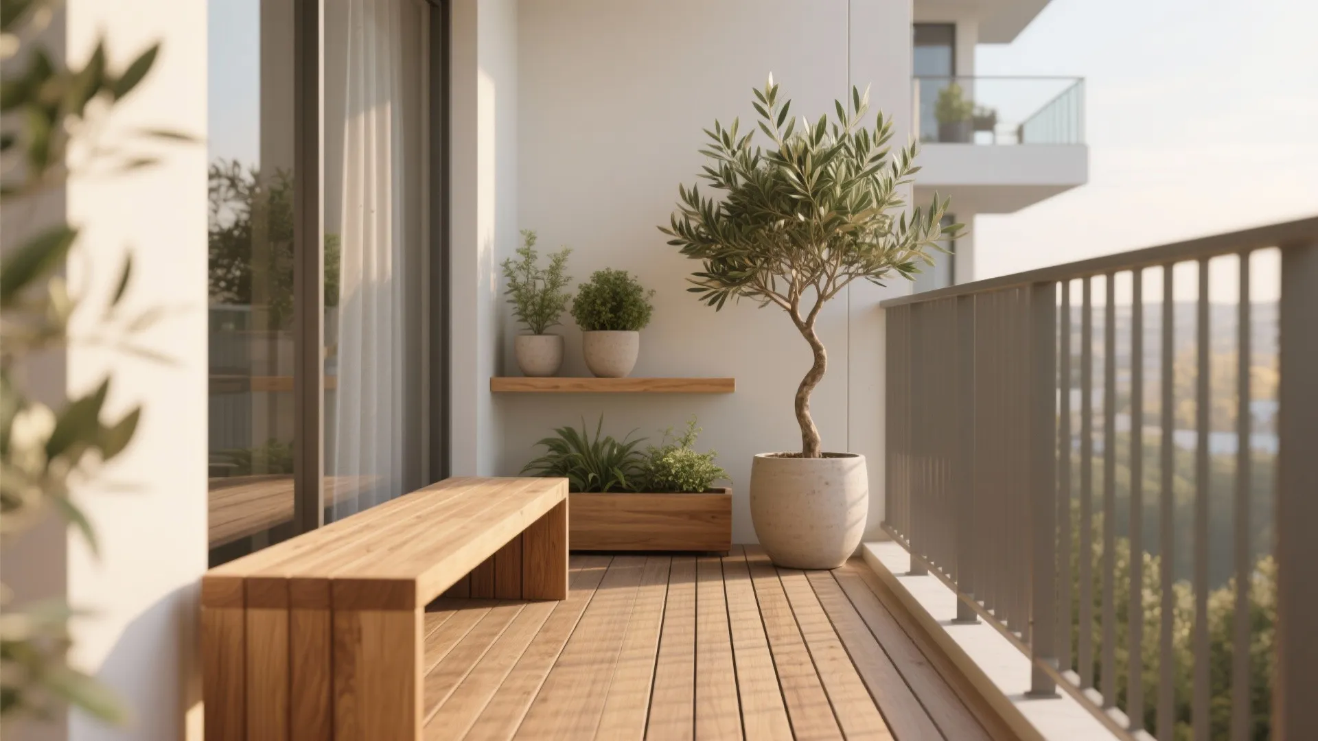 1) Minimal wood-and-green styling for serene balcony garden pictures