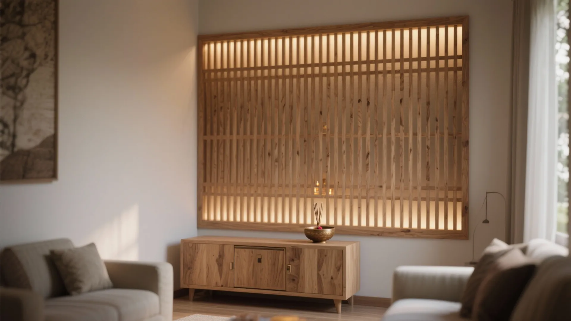 Minimal wood lattice pooja front with slim teak slats and soft backlit LEDs in a small living corner.